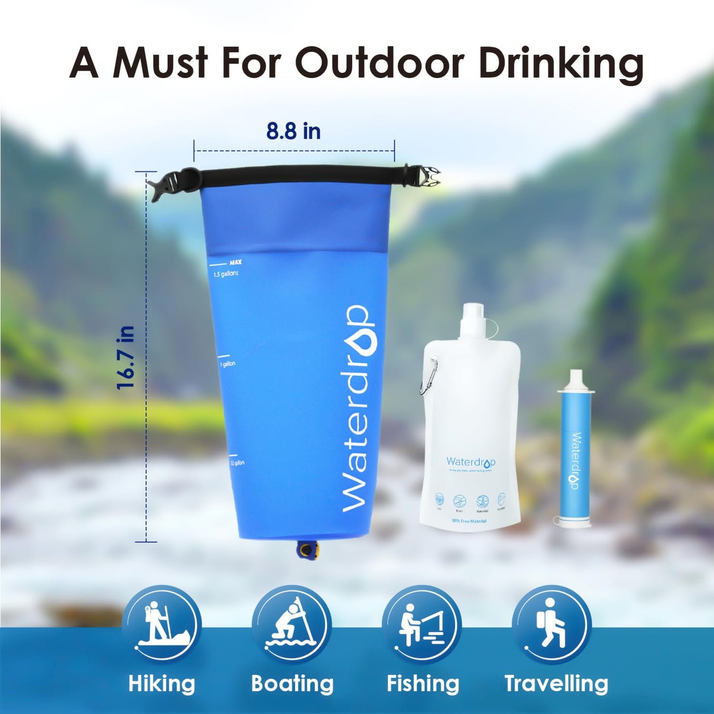 Waterdrop Gravity Water Filter Straw, Camping Water Filtration System, Water Purifier Survival for Travel, Backpacking and Emergency Preparedness, 1.5 gal Bag, 0.1 Micron, 5 Stage Filtration, Blue
