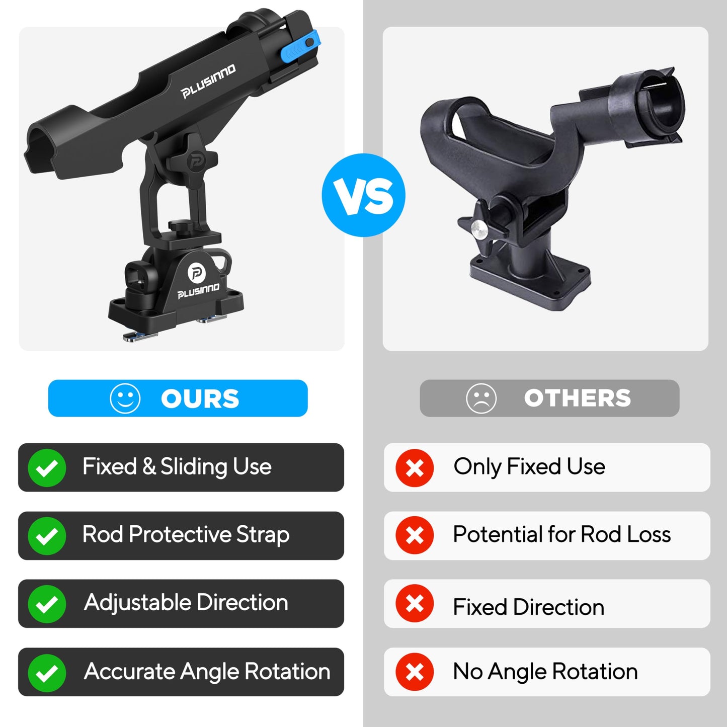 PLUSINNO 2 in 1 Fishing Rod Holders for Boat, Kayak Fishing Rod Holder, Fishing Pole Holders for Track Mount / Deck Mount, Fishing Gear with Fishing Rod Protective Strap, Fishing Accessories & Gifts