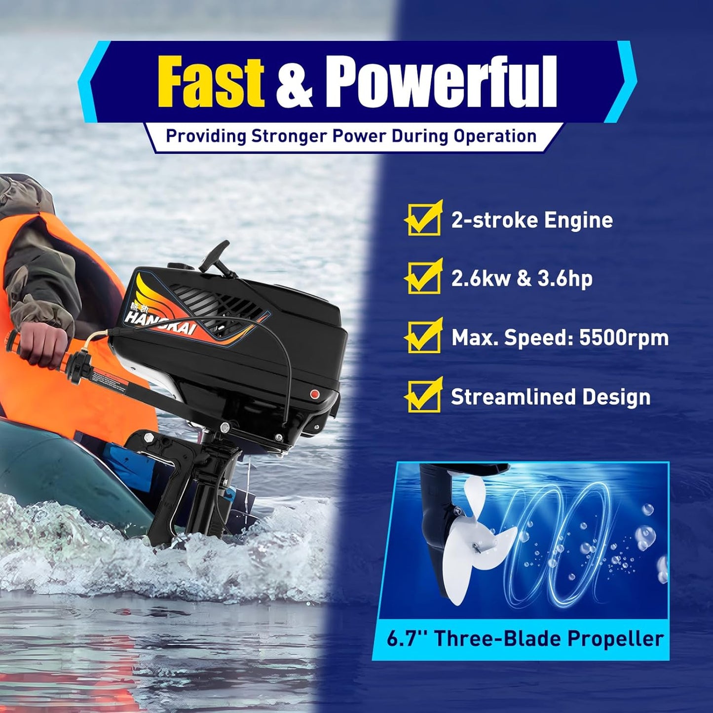 2 Stroke 3.6HP Outboard Motor, HANGKAI 55CC Heavy Duty Fishing Boat Engine with Cooling System & CDI, Boat Motor Gas Boat Motor for Kayaks Canoes Dinghies Inflatable Boats