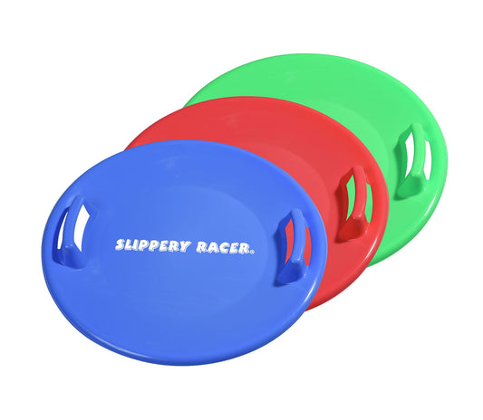 Slippery Racer Heavy-Duty Cold Weather Downhill Pro Adults and Kids Plastic Outdoor Winter Saucer Disc Snow Sleds with Handles, Green, Blue, and Red