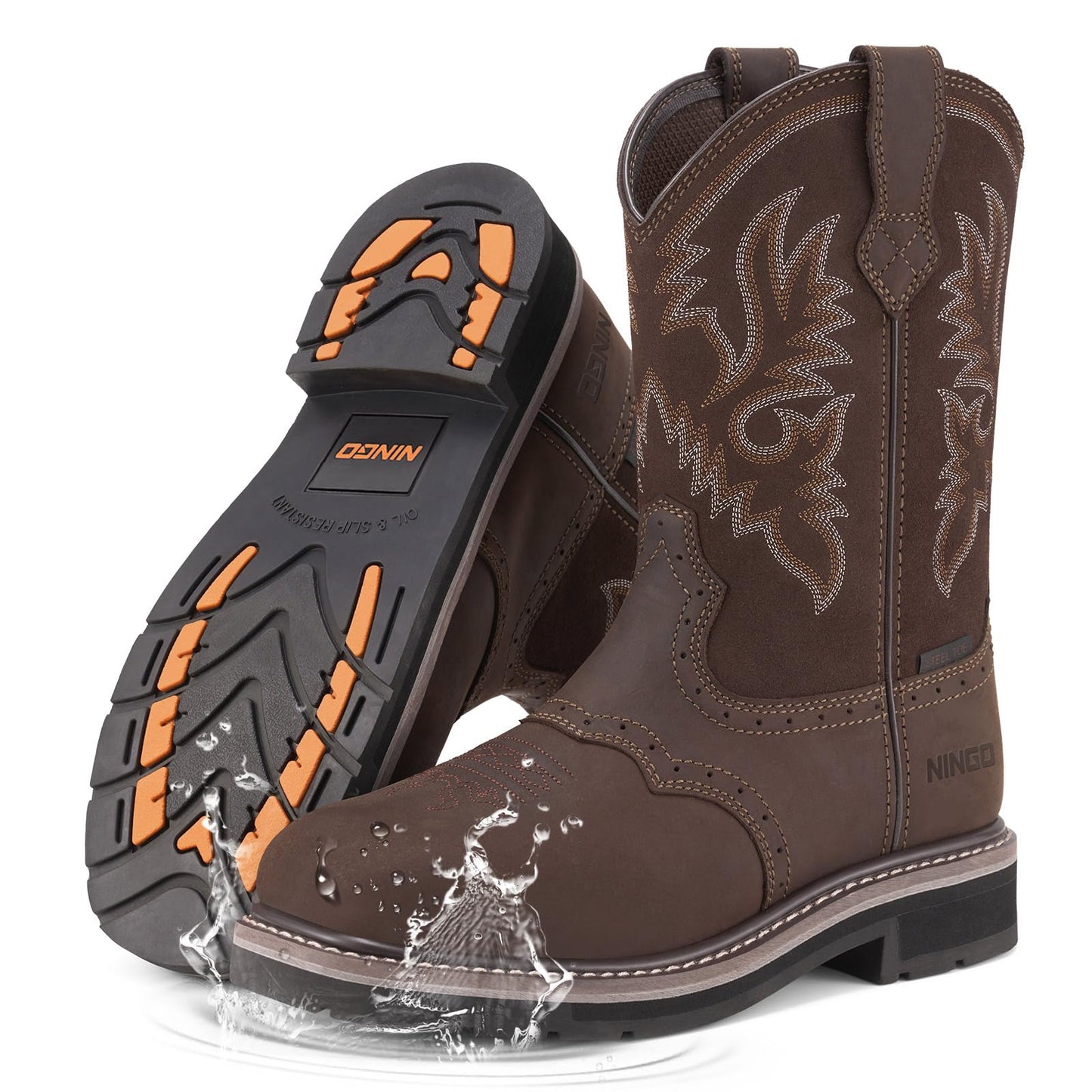 HISEA NINGO Men's Western Cowboy Boots Waterproof Square Toe Steel/Soft Toe Work Boots Comfortable Men's Slip On Pull On Safety Toe Leather Work Shoes for Construction Farming Industrial Welding