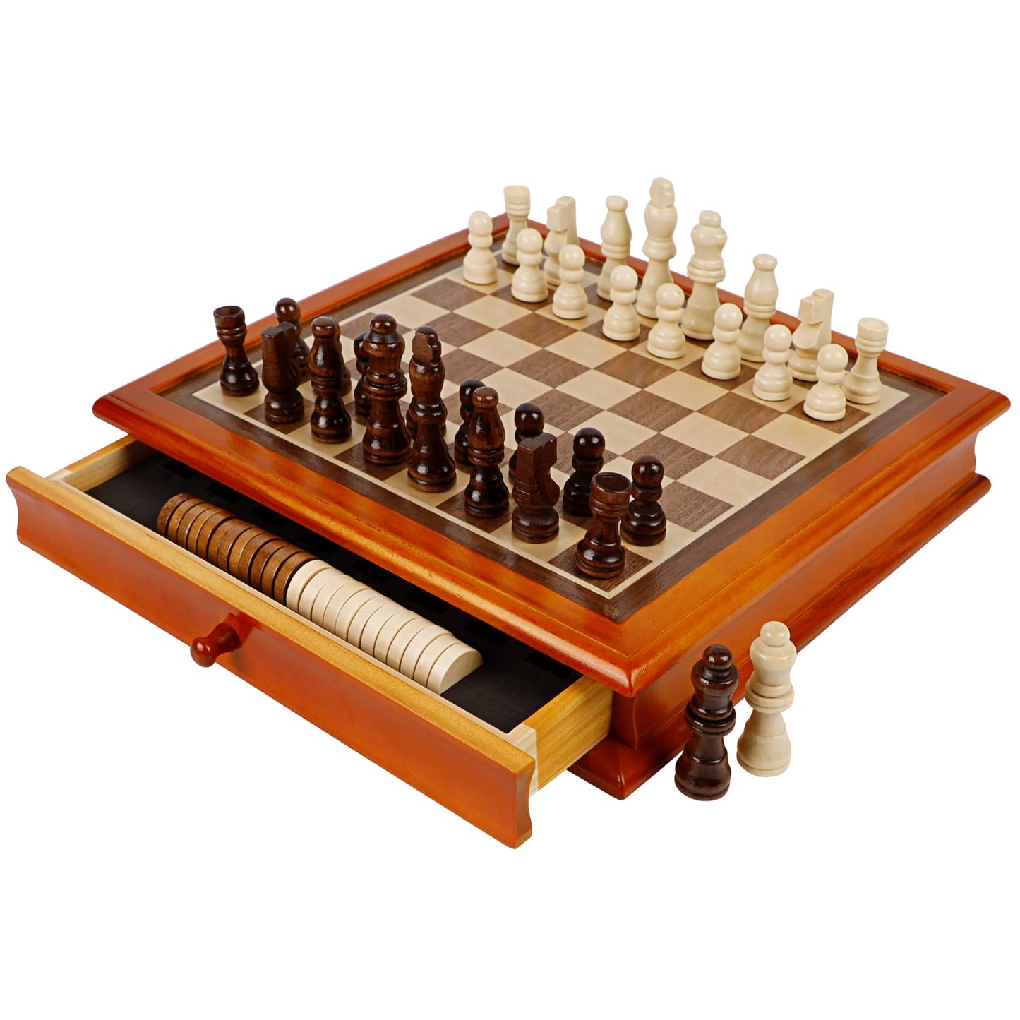 Juegoal 12-Inch Wooden Chess & Checkers Set with Storage Drawer, Portable Board Games for Kids and Adults