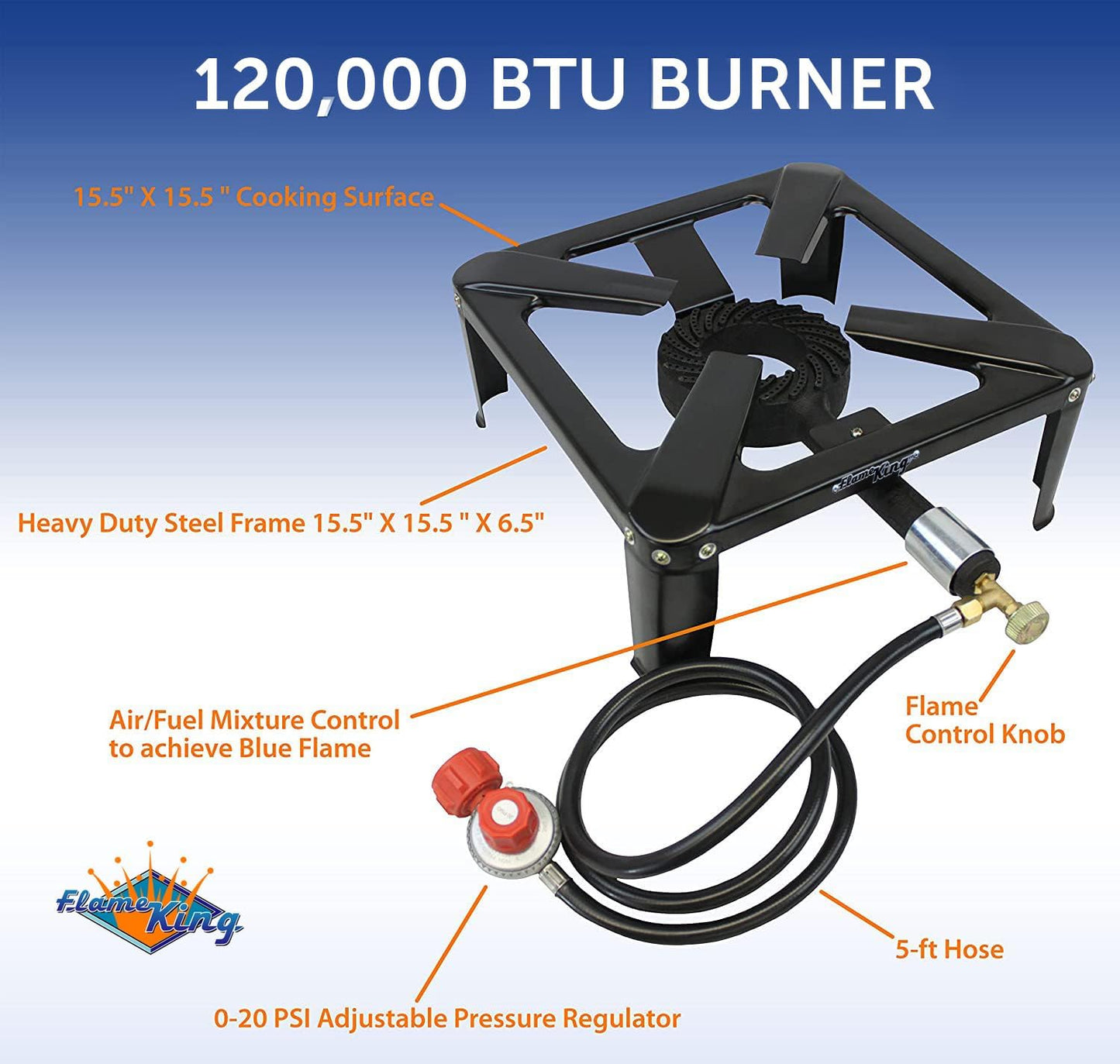 Flame King Heavy Duty 120,000 BTU, 0-20 PSI, Turkey Fryer Single Propane Burner Bayou Cooker, Outdoor Stove for Home Brewing, Maple Syrup Prep, Cajun Cooking
