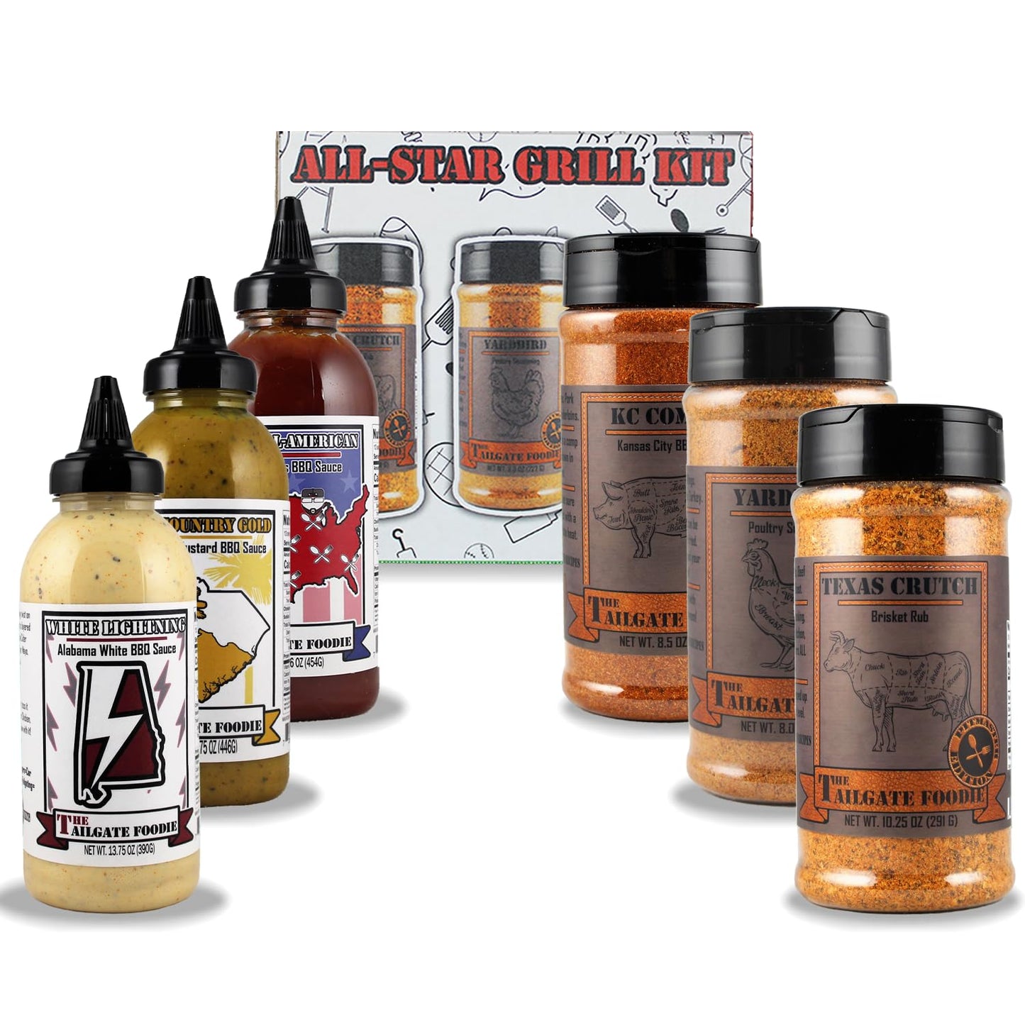 THE TAILGATE FOODIE Rare Pitmaster Gourmet Seasonings | 8 pc Grill Essentials Gift Set | 6 Secret Competition BBQ Spice Blends for Ribs, Pork, Brisket, Chicken, Fish, Steak *Great Christmas Gift*
