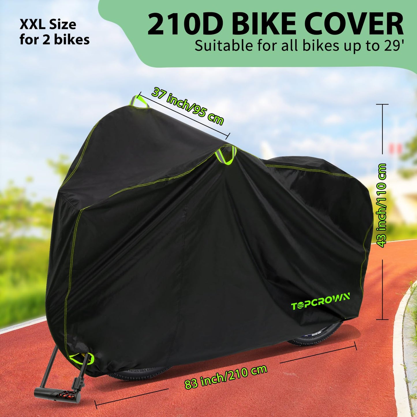 Bike Cover Waterproof Outdoor Storage for 1/2/3 Bikes, Bicycle Cover Rain Sun UV Dust Wind Proof with Storage Bag for Mountain Road Bike/Ebike (210D Black+Green, XL Size for 1 bike)
