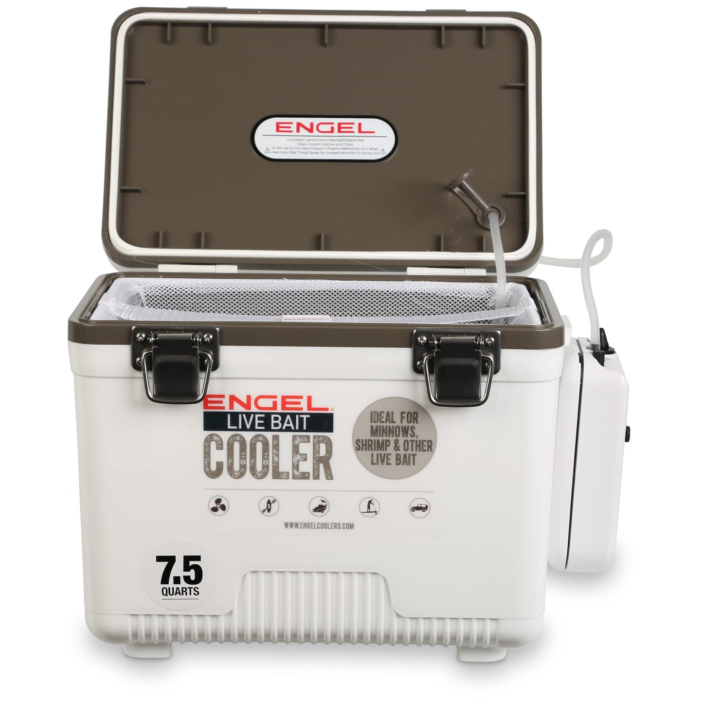 Engel Live Bait Cooler Box with 2nd Gen 2-Speed Aerator Pump - Portable Fishing Station & Minnow Bucket for Shrimp & Other Live Fish with Aerator - ENGLBC-N