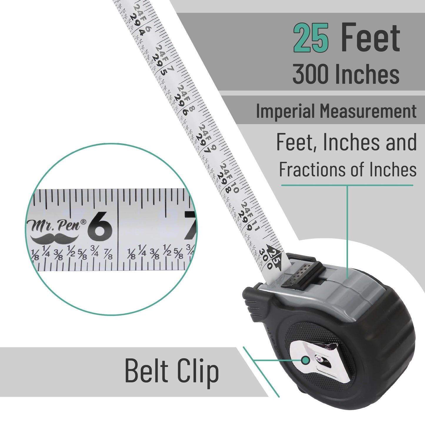 Mr. Pen 25-Foot Steel Retractable Tape Measure with Easy Read Fractions