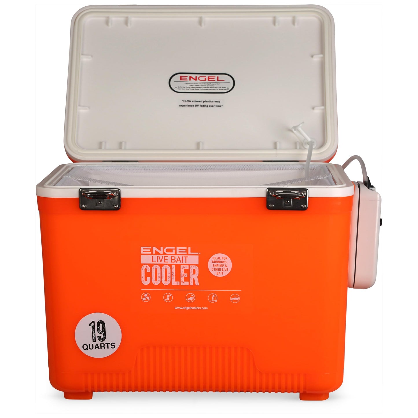 Engel Live Bait Cooler Box with 2nd Gen 2-Speed Aerator Pump - Portable Fishing Station & Minnow Bucket for Shrimp & Other Live Fish with Aerator - ENGLBC-N