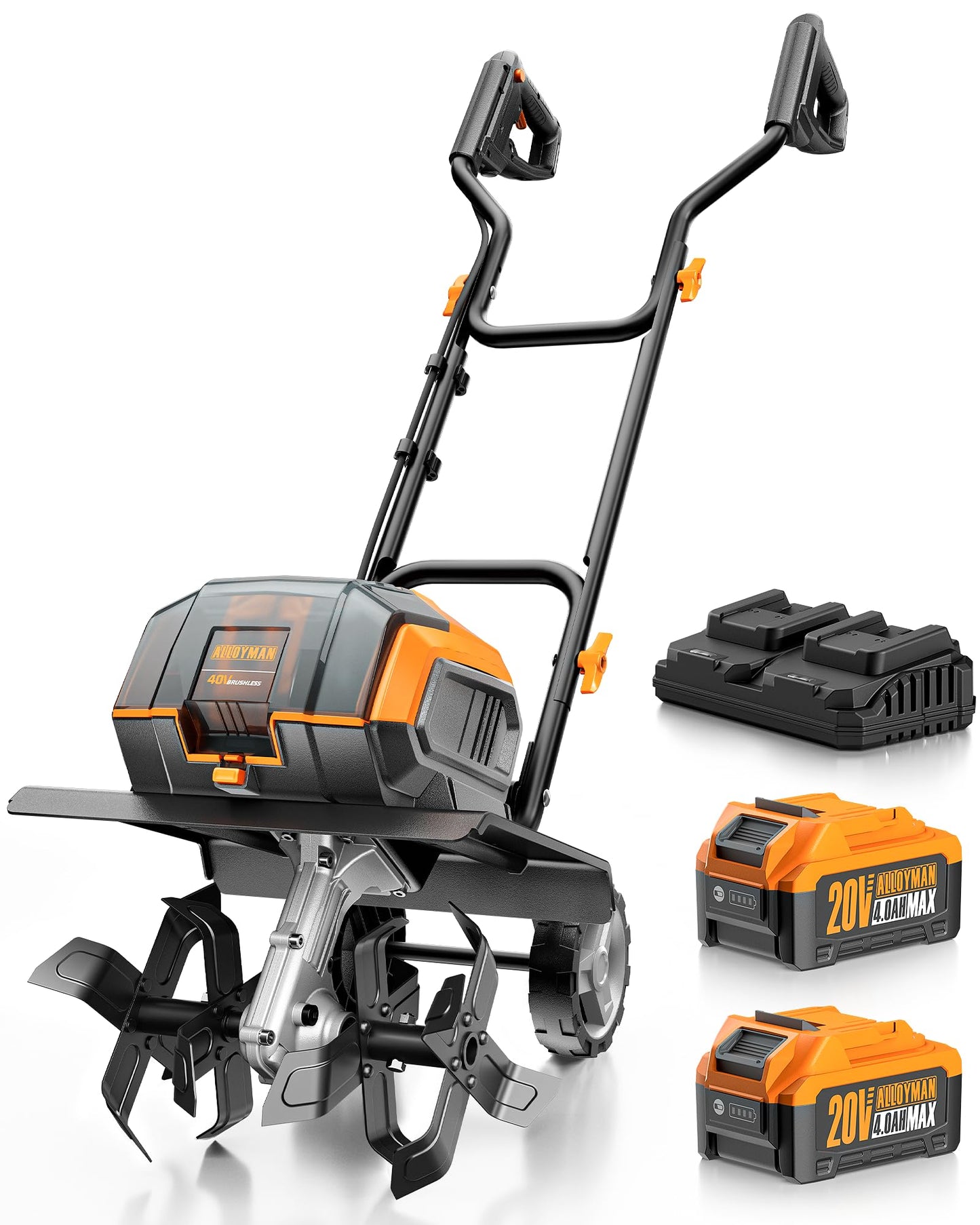 Alloyman 20V Cordless Tiller Cultivator, 360RPM Electric Garden Tiller, with 2 * 2.0Ah Batteries & Charger, 9In Tilling Width and 6.6In Depth Garden Rototiller for Lawn/Gardening/Soil Cultivation