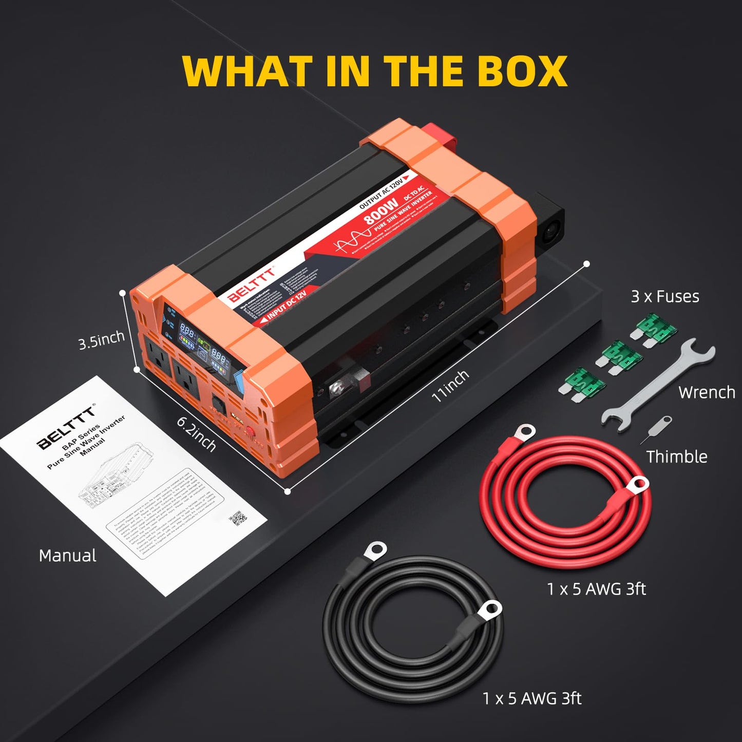 BELTTT 1000Watt Pure Sine Wave Inverter 12V DC to 120V AC for RV, Truck, Off-Grid Solar Car Power Inverter 12V to 110V Converter with Dual AC Socket and 5V 2.1A USB, Intelligent LCD, 2000W Peak