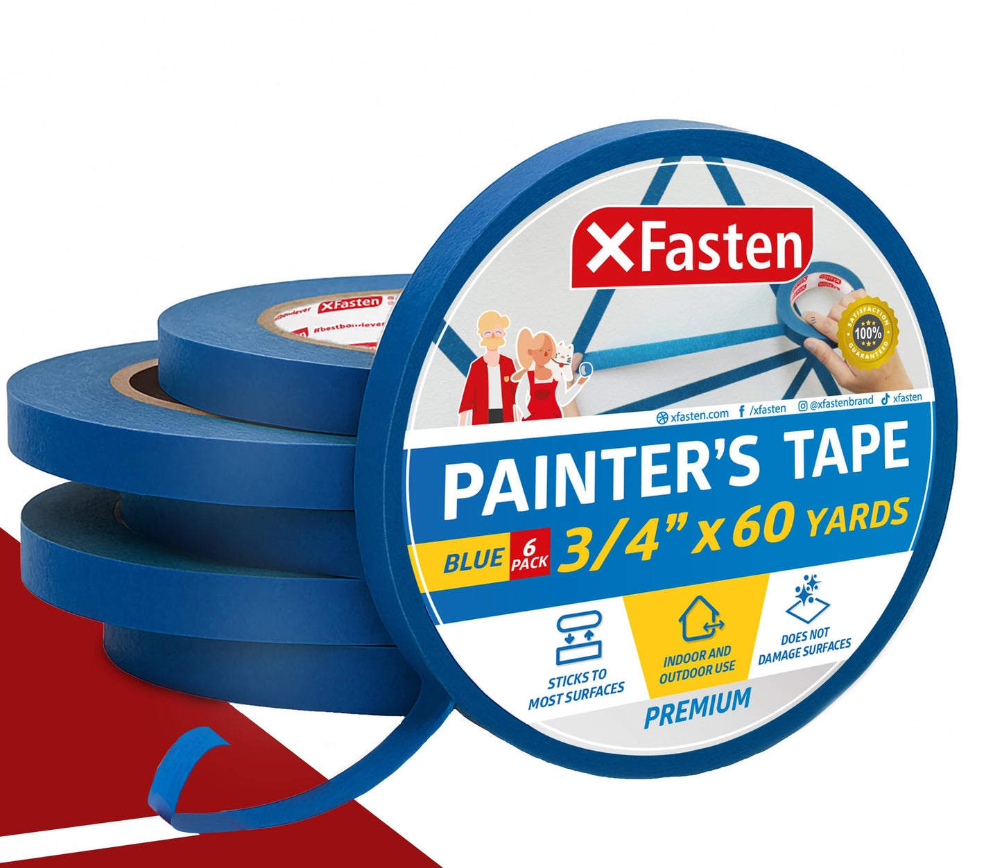 XFasten Blue Painters Tape Bulk 3-Inch x 60-Yards (12-Pack, 2160ft Total) Wall Safe Painters Tape 3 Inch Wide, Blue Masking Tape Bulk, Paint Tape for Walls, Painting, Automotive