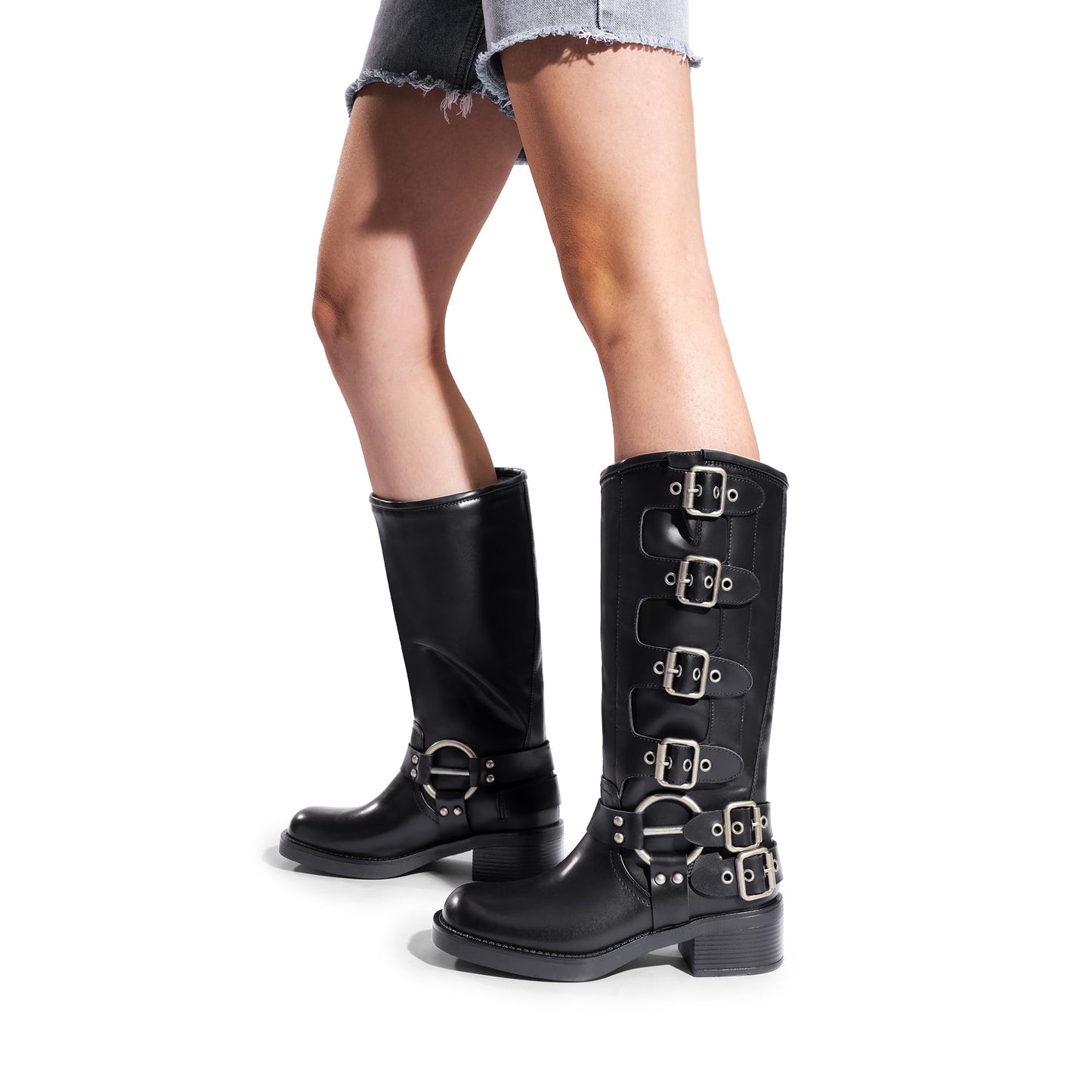 DREAM PAIRS Women's Knee High Riding Boots Slip On Motorcycle Boots Square Toe Chunky Heel Fashion Buckles Biker Boots