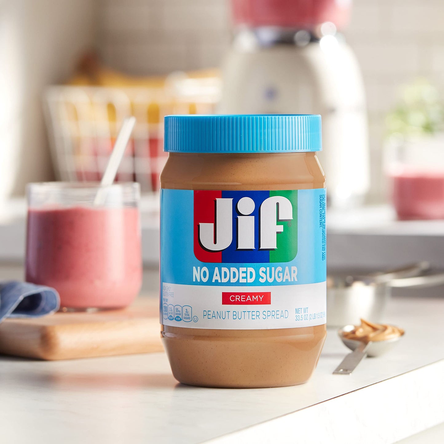 Jif No Added Sugar Creamy Peanut Butter Spread, 33.5 Ounces (Pack of 8), Smooth, Creamy Texture, No Stir Peanut Butter Spread