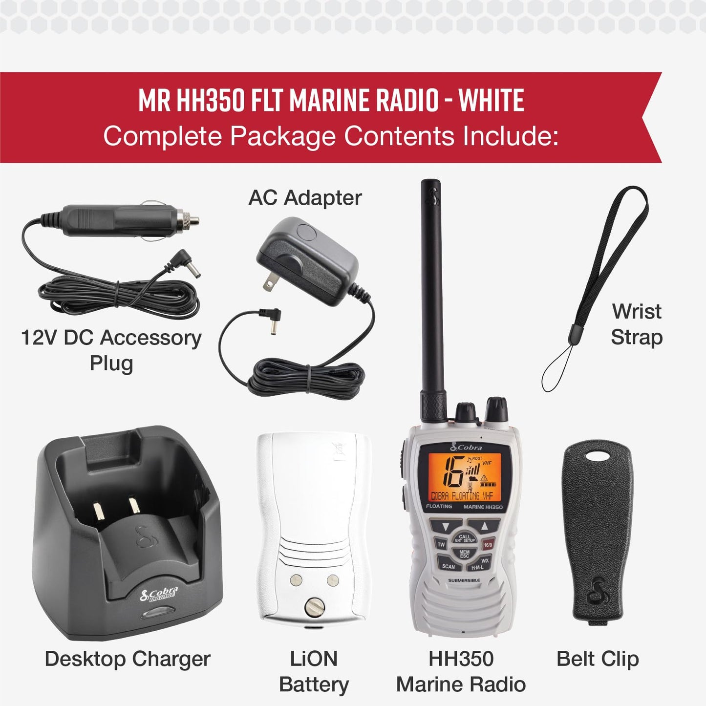 Cobra MR HH350 FLT Handheld Floating VHF Radio - 6 Watt, Submersible, Noise Cancelling Mic, Backlit LCD Display, NOAA Weather, and Memory Scan, Grey