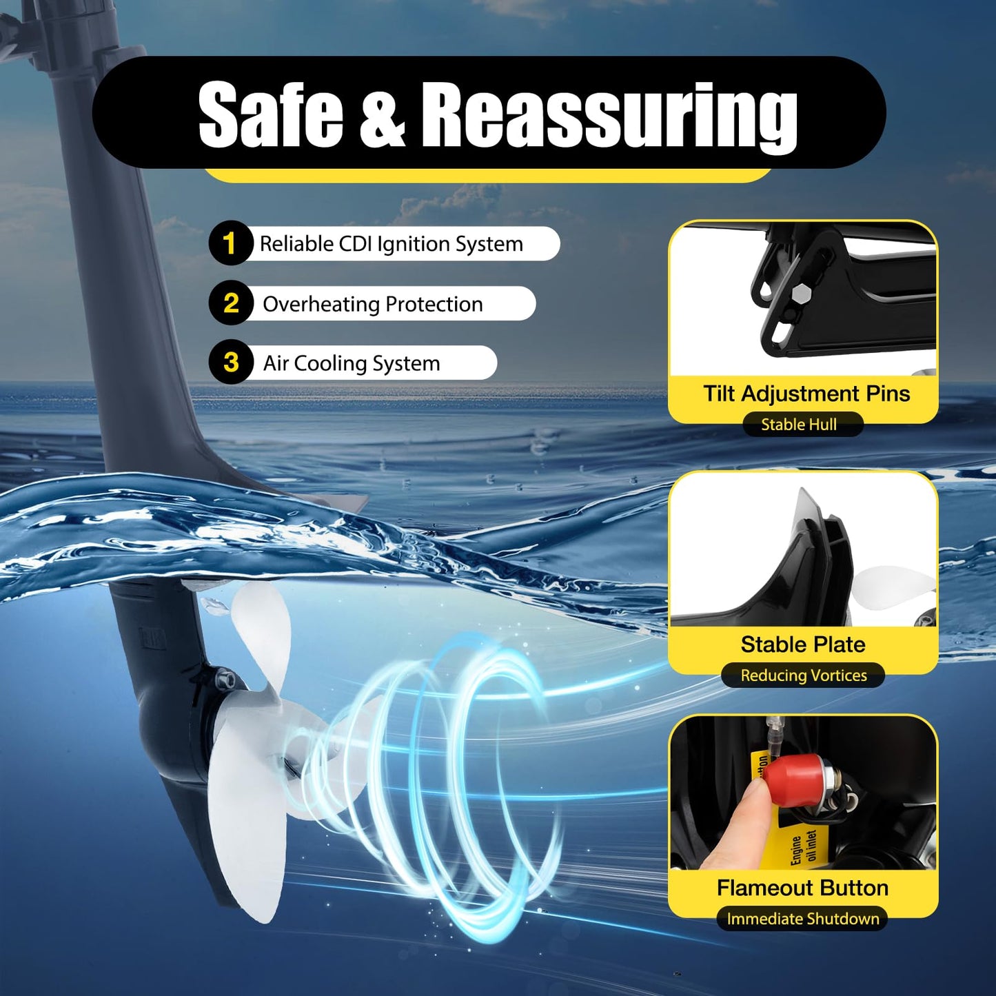 6HP Heavy Duty Outboard Motor, 170cc 4 Stroke Gas Outboard Boat Motor Engine with Air Cooling System, 3.2KW Single Cylinder Fishing Boat Engine for 3-7m Length