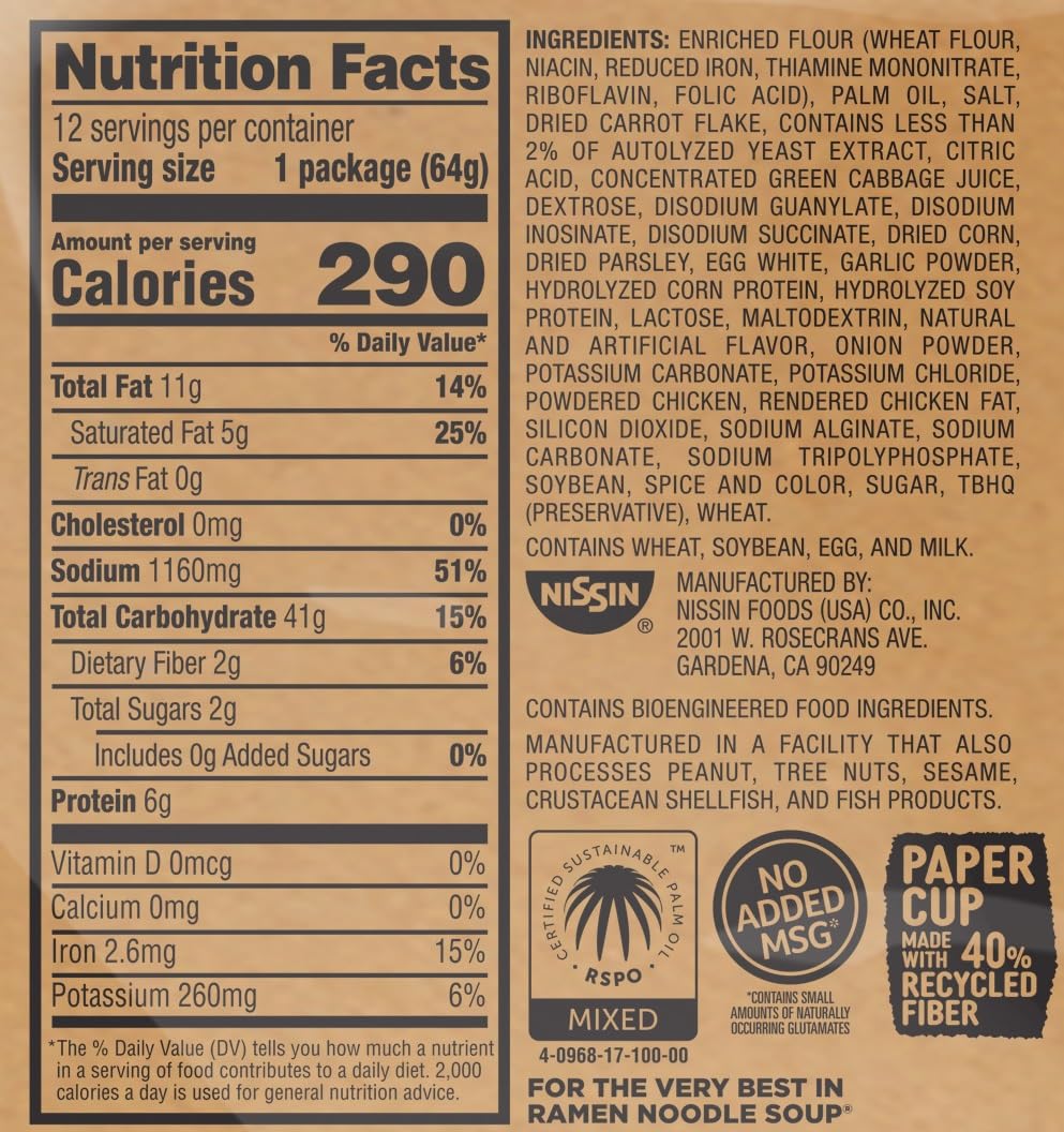 Nissin Cup Noodles Soup, Beef Flavor, Microwaveable Paper Cups, Instant Ramen, 2.25 Ounce (Pack of 12)