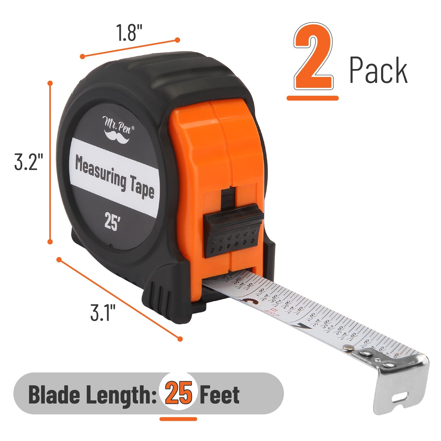 Mr. Pen 25-Foot Steel Retractable Tape Measure with Easy Read Fractions