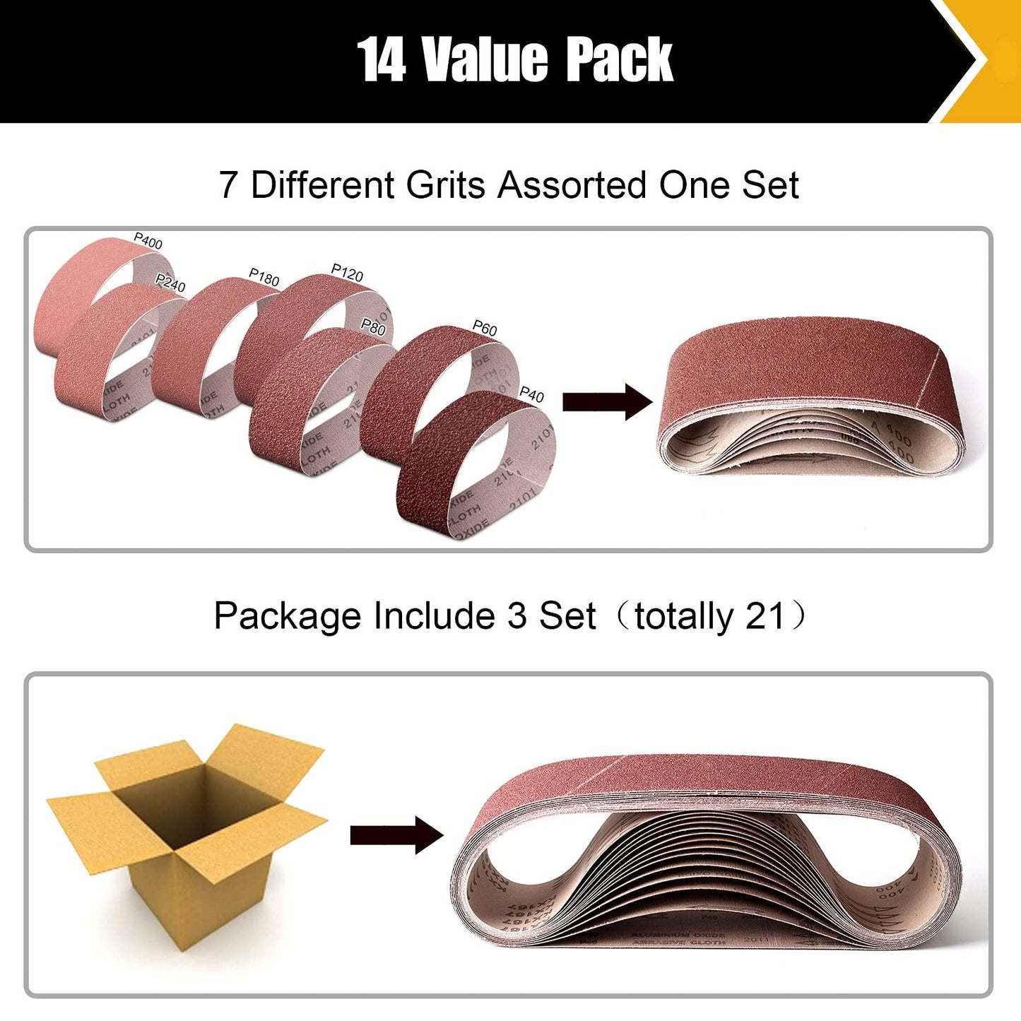 3×18 Inch Belt Sander Sanding Belt, 21 Pack Belt Sander Paper 40/60/80/120/180/240/400 Grits Assortment Aluminum Oxide Sanding Belts for Belt Sander Knife Sharpening Wood Metal Polishing