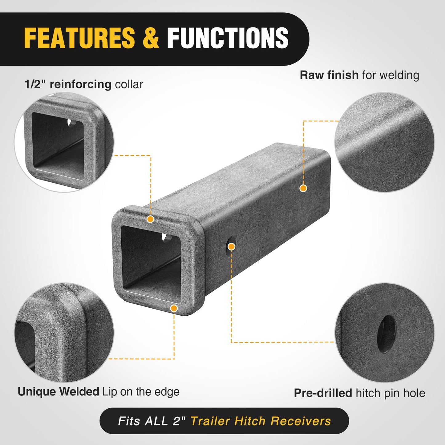 Nilight Trailer Hitch Receiver Extender Adapter Reducer 1-1/4 to 2Inch Hitch Adapter 6-1/2 inch Extension Sleeve Convertor 350Lbs with 1/2-Inch Diameter Pin and Clip with 5/8-Inch Adapter