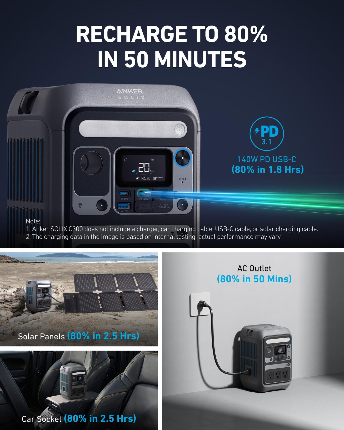 Anker SOLIX C300 Portable Power Station, Outdoor 288Wh LiFePO4 Battery, 300W (600W Surge) Solar Generator, 140W Two-Way Fast Charging, for Camping, Traveling, and Emergencies (with 60W Solar Panel)