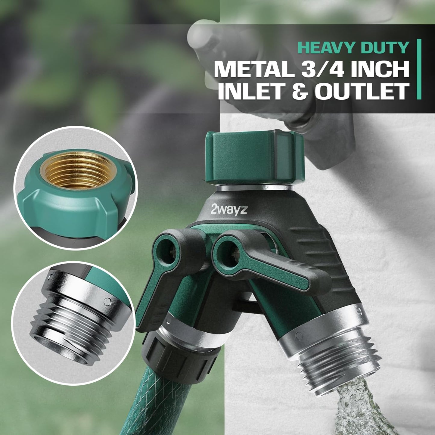 Hose Splitter 2 Way Heavy Duty - 2WAYZ Outdoor Faucet and Garden Hose Splitters - Durable Water Spigot Splitter Y Adapter - All-Metal Water Pipe Connector with Shut-Off Valve - 4" x 4" x 1.5"
