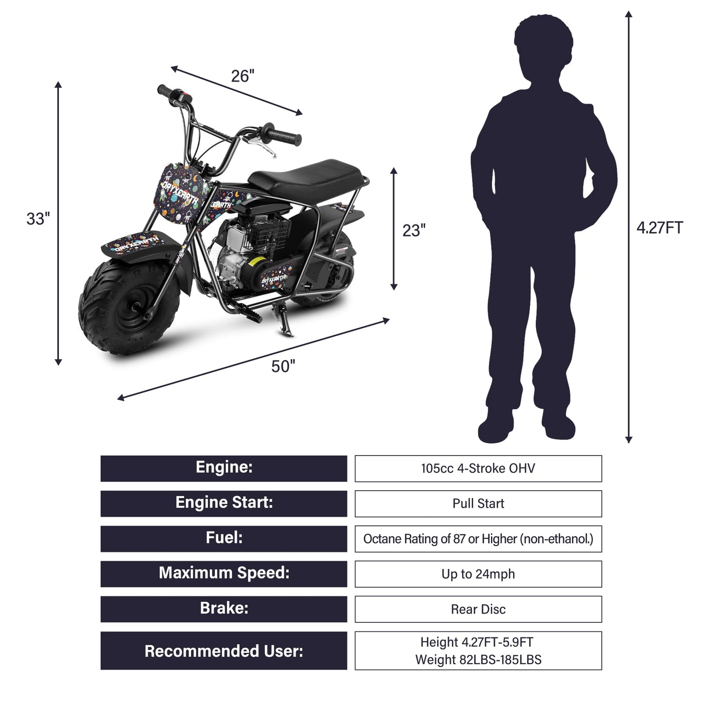 Oryxearth Mini Dirt Bike for Kids, 105CC 4-Stroke Kid Gas Powered Off-Road Pocket Pit Trail Motorcycle W/EPA Approved, Up to 24 Mph Weight Support 185 LBS