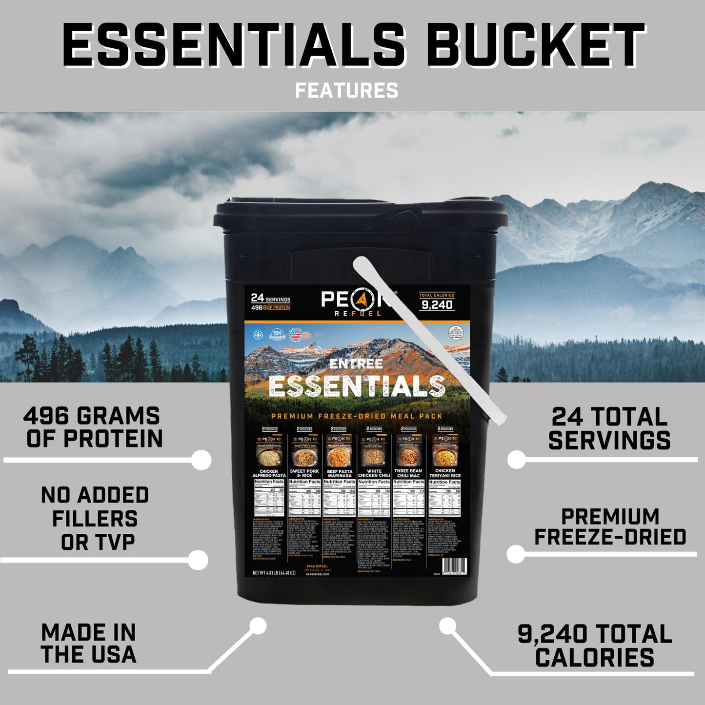 Peak Refuel Buckets | 100% Real Meat | Premium Freeze-Dried Meals for Backpacking, Camping & Survival | 24 Servings | MRE Emergency Food (Essentails Bucket)