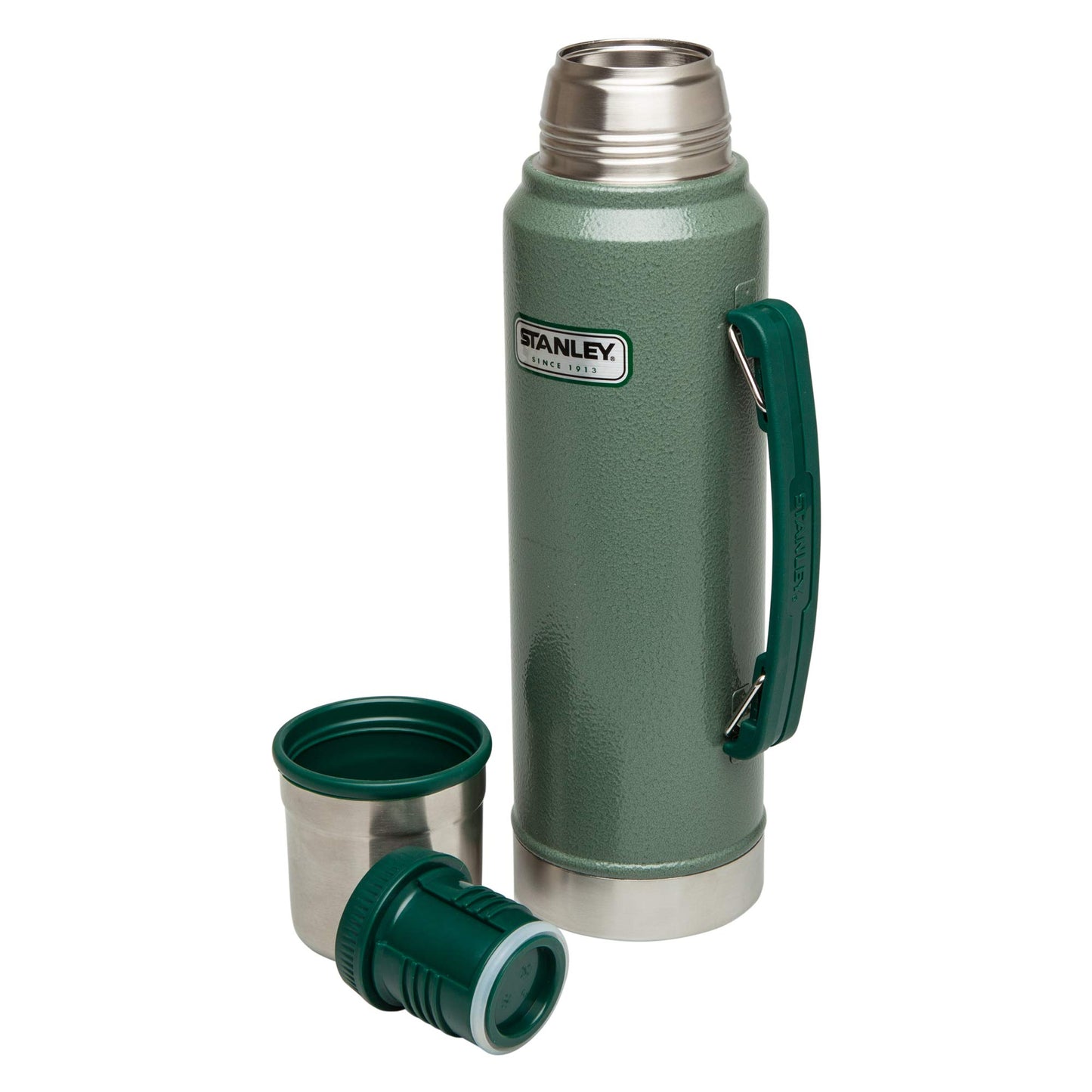 Stanley Heritage Classic Vacuum Bottle with Handle 1.1 qt | Wide Mouth with Leakproof Cup Lid | Keep Drinks Hot or Cold for Travel | Insulated Stainless Steel Thermos | BPA-Free | Hammertone Green