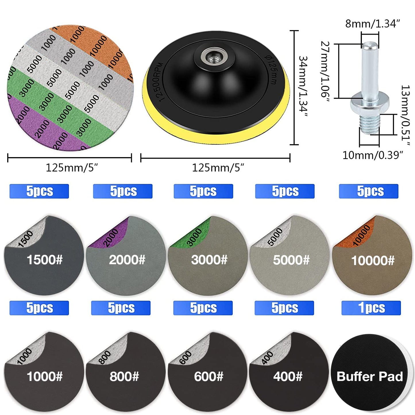 Water Grit Sandpaper 2000/3000/5000/7000/10000 and 5-inch Backing Pad Set, Wet Dry Electric Hook &Loop Sanding Disc with Pad, Grinding Abrasive Paper and Orbital Sander Polisher