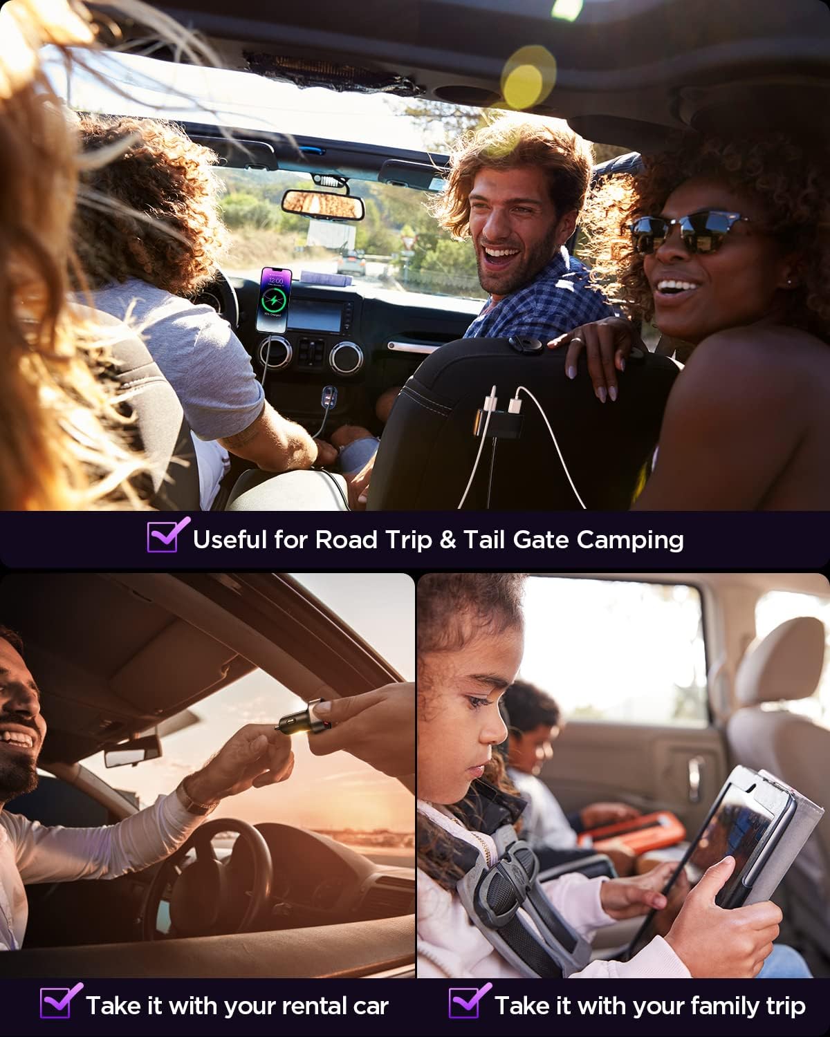 5-in-1 USB Car Charger Multi Port, 12V Phone Adapter for Multiple Devices, Cigarette Lighter With 5FT Extension Cable for Back Seat Charging