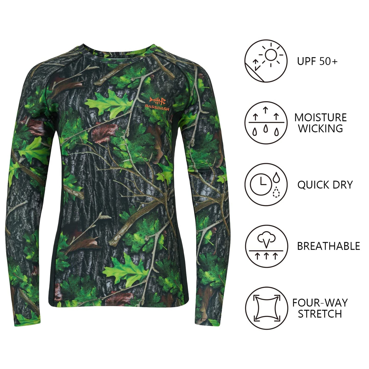 BASSDASH Women’s Camo Hunting Shirt Long Sleeve UPF 50+ Sun Protection Performance Tee Fishing Hiking