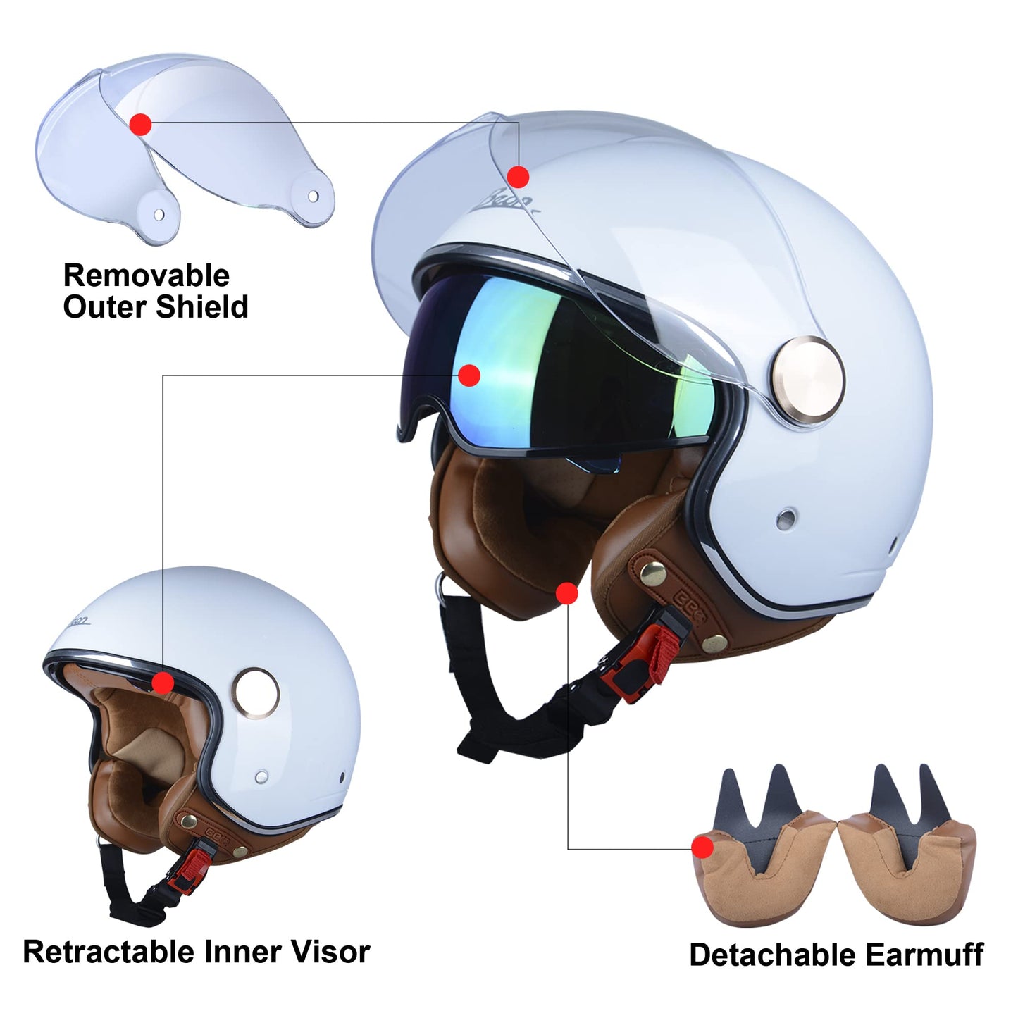 Open Face Motorcycle Helmet for Adults, DOT Approved,3/4 Retro Vespa Helmet, Dual Visors Men's and Women's Motorbike Casco for Moped Cruiser Bobber and Chopper