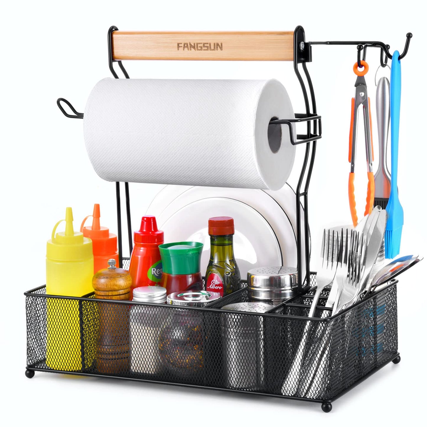 FANGSUN Grill Caddy, BBQ Caddy with Paper Towel Holder, Picnic Condiment Utensil Caddy for Outdoor Camping, Barbecue Accessories Storage Organizer for Griddle Grilling Tool, Rv Patio Camper Must