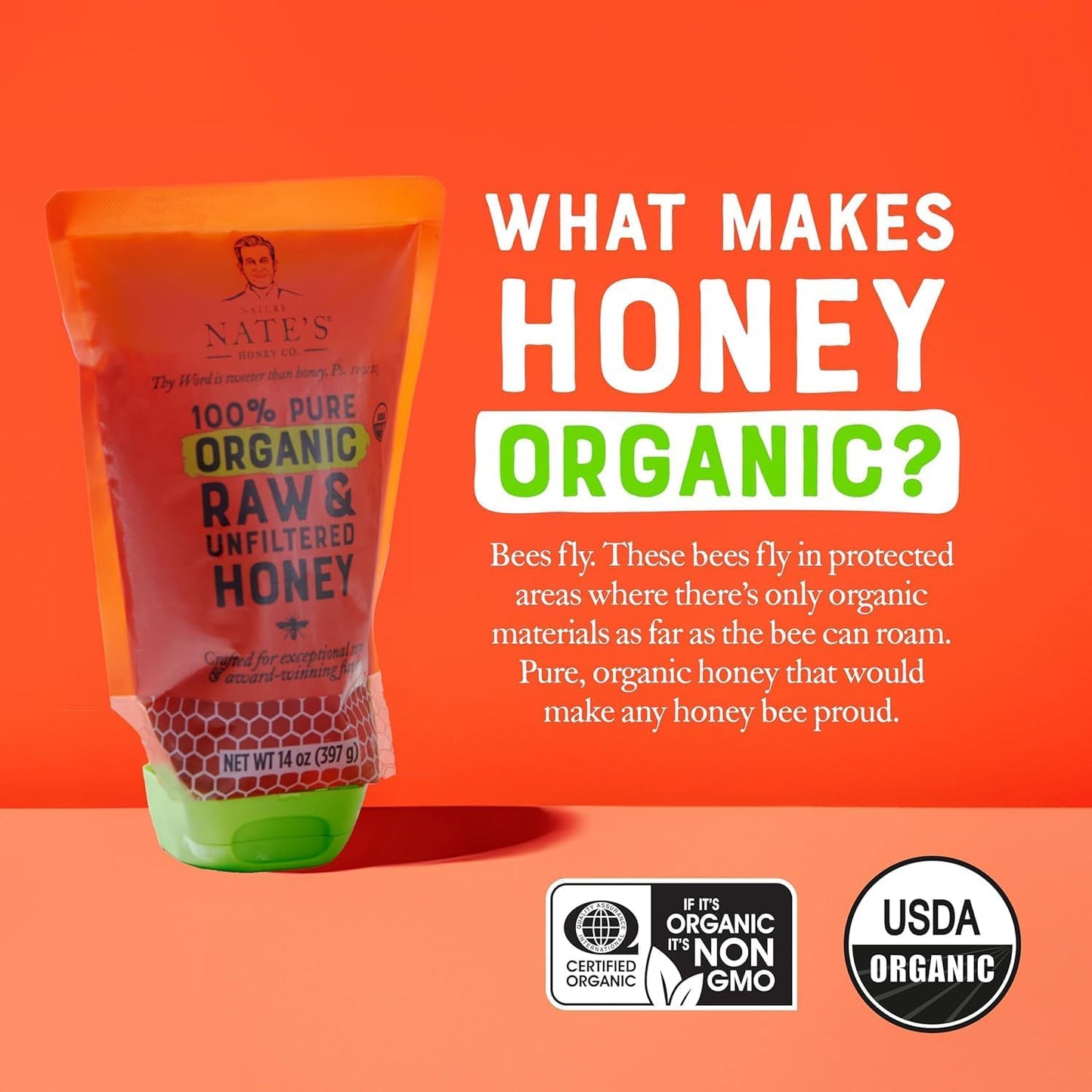 Nate's Organic 100% Pure, Raw & Unfiltered Honey - USDA Certified Organic - 32oz. Squeeze Bottle