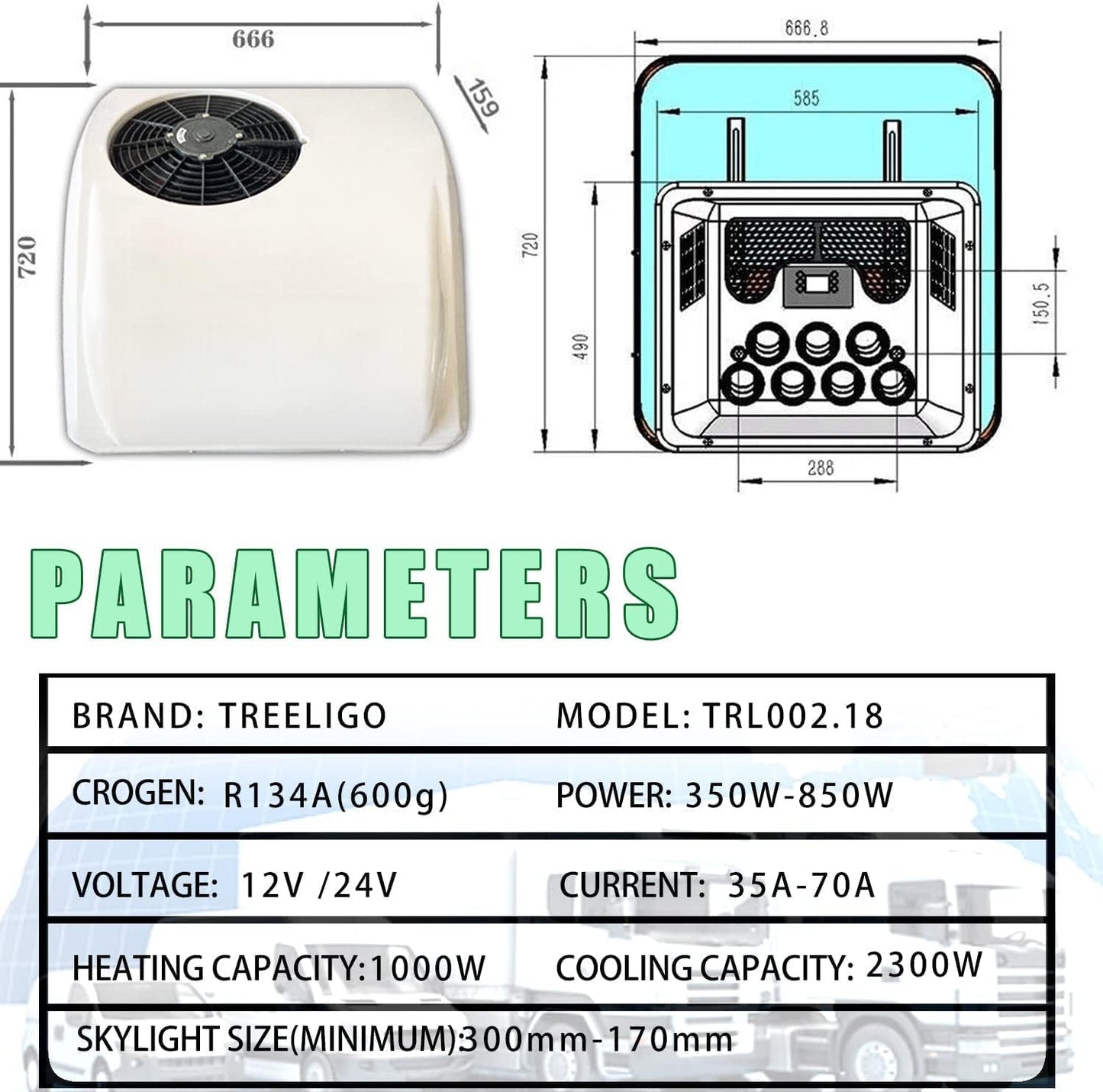 12V Roof RV Air Conditioner | Heat and Cool |- Treeligo Electric Rooftop AC Unit dc Appliances for RV Camper Truck Semi-truck Mini Van Marine Car