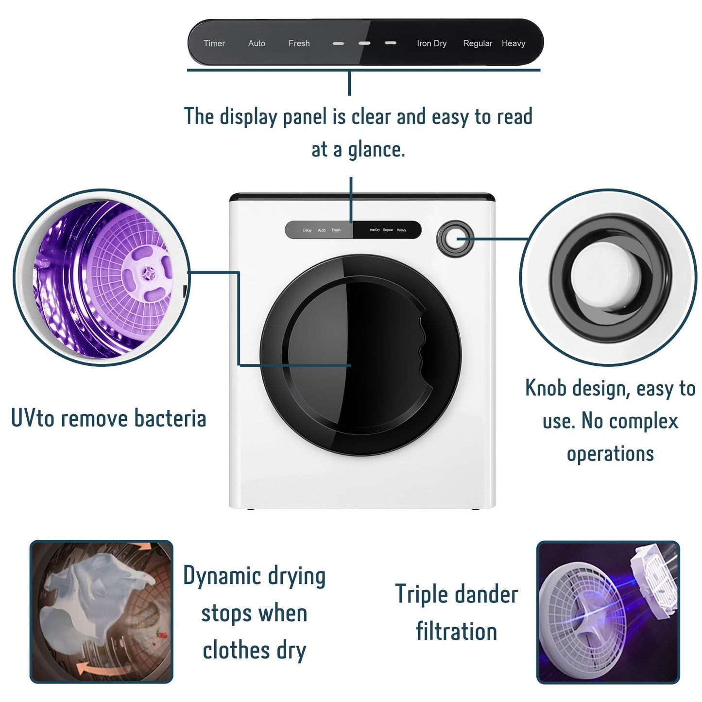 Dessiz 11LBS Compact Dryer 950W Portable Clothes Dryer Machine for Small Spaces, RVs and Apartments - Quiet, Sturdy ,Easy to Use and LED Display
