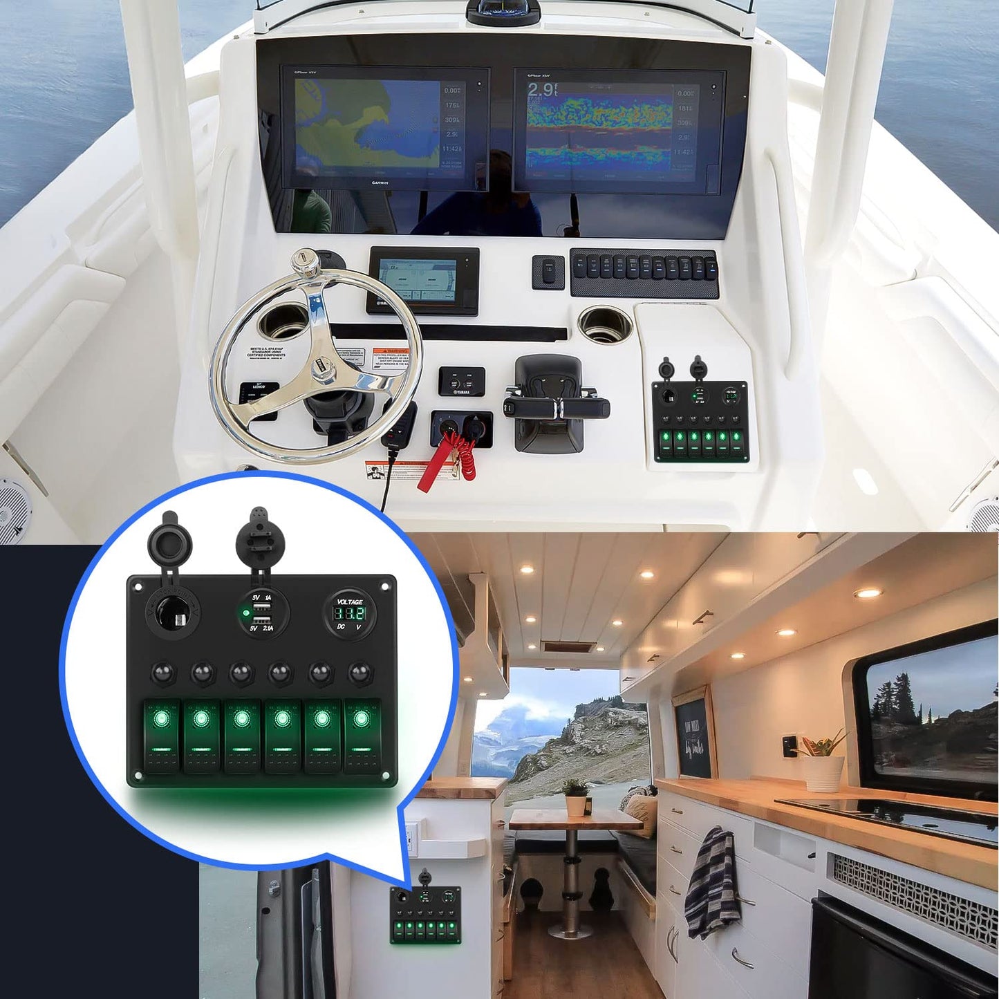 Nilight - 90123F 6 Gang ON Off Rocker Switch Panel Green Backlit 12V24V LED Digital Voltmeter Dual USB Charger Cigarette Lighter Socket Overload Protection Switch Panel For Cars RVs Boats