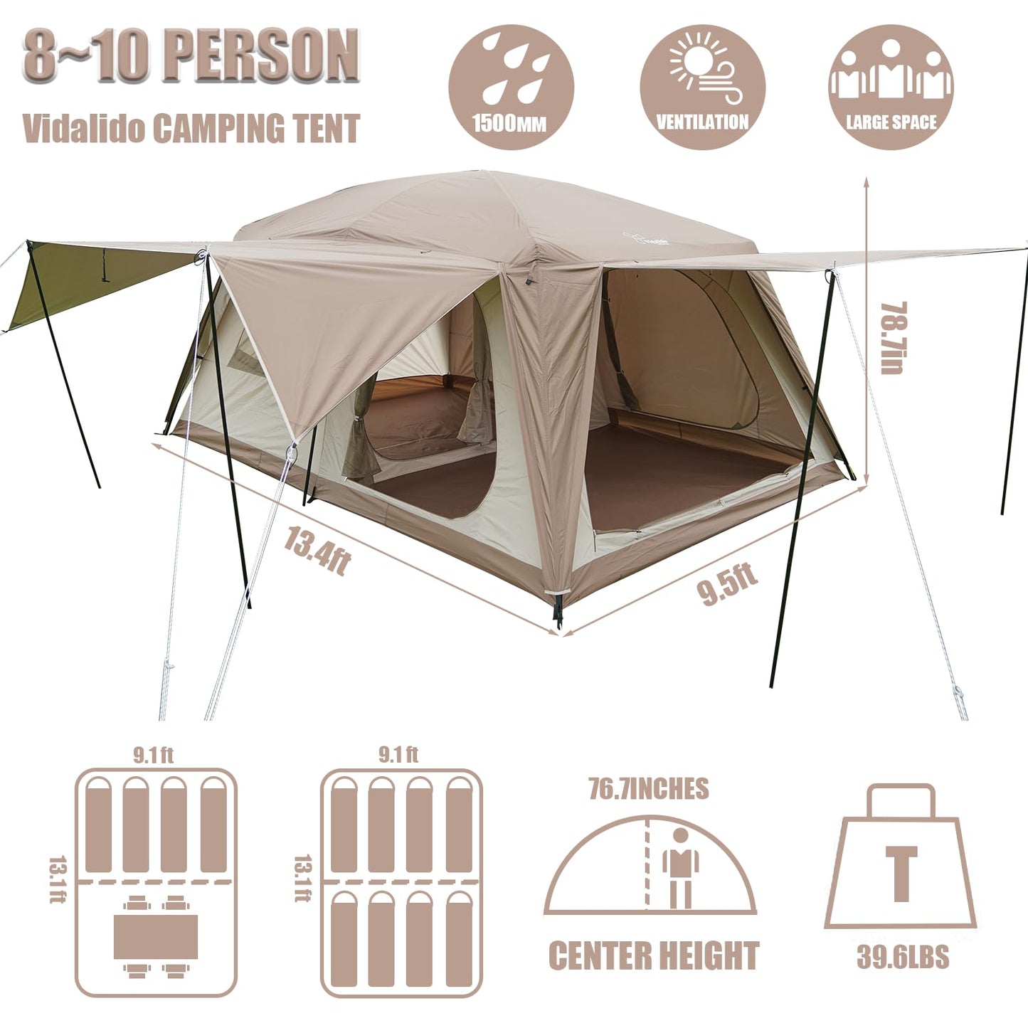 Vidalido 8-10 Person Camping Tent with 3 Door 2 Room Large Family Cabin Tents, Double Layer Waterproof Portable Glamping Tent, Big Tents for Outdoor Picnic Camping Hiking and Family Gathering