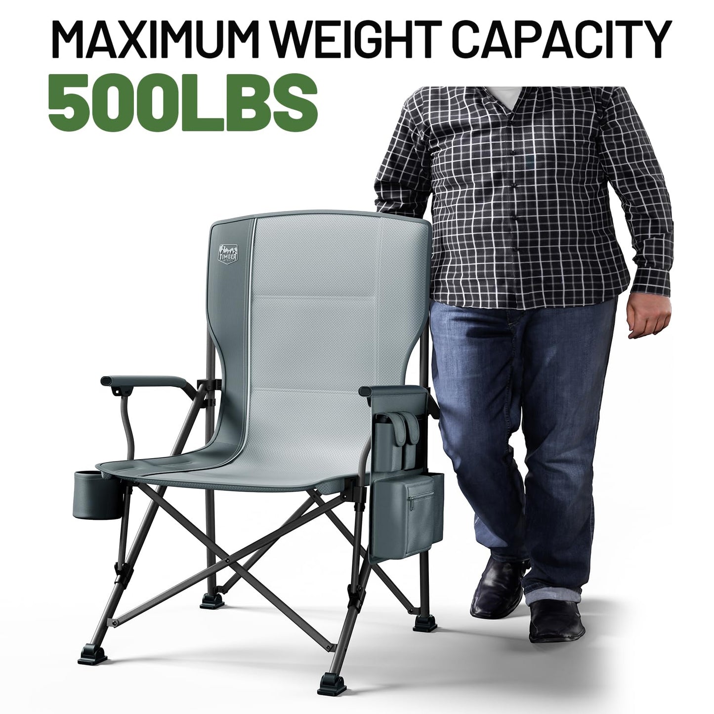 TIMBER RIDGE Oversized Folding Camping Chair High Back Heavy Duty for Adults Support up to 500lbs with Cup Holder, Side Pocket Cooler Bag