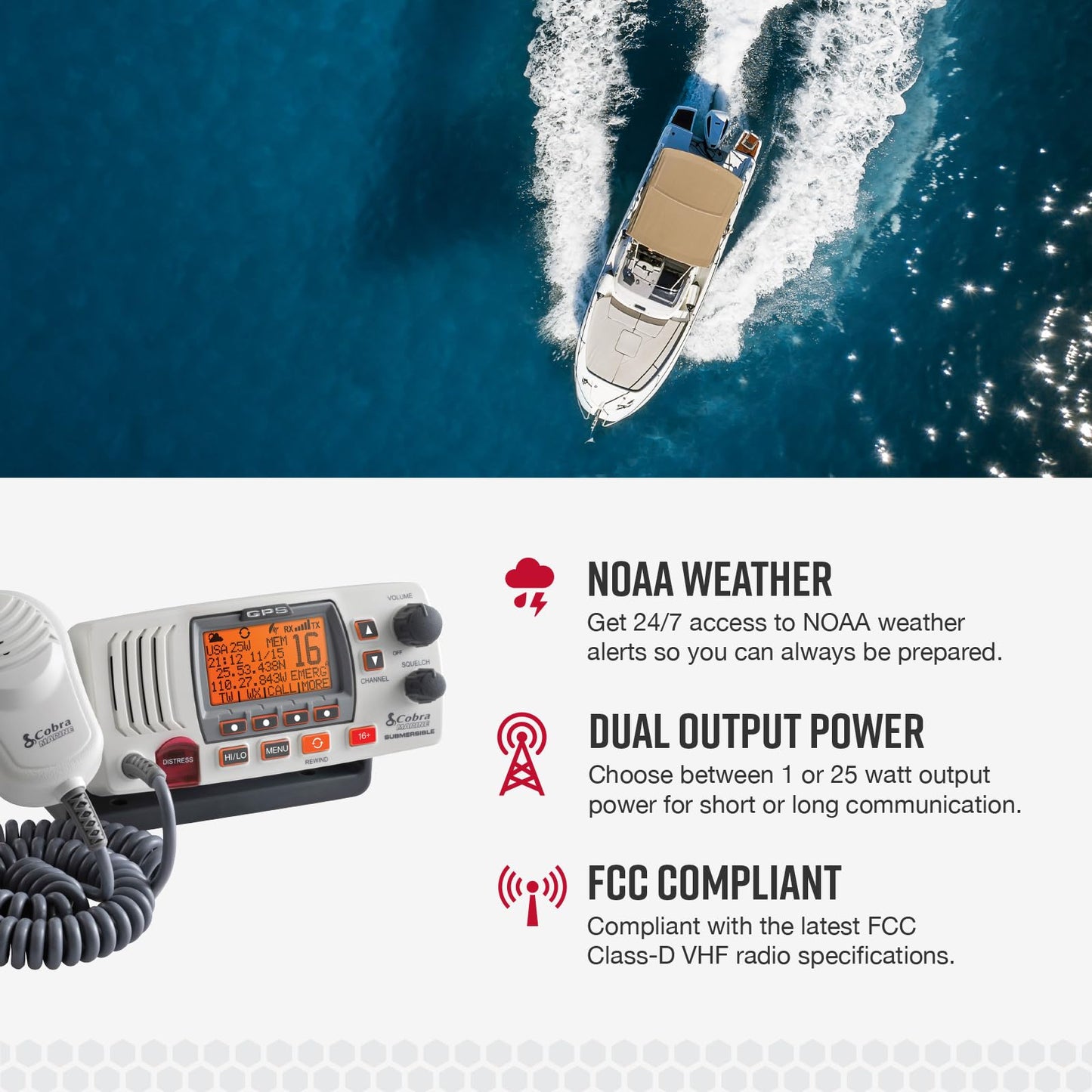 Cobra MR F77B GPS Fixed Mount VHF Marine Radio – 25 Watt VHF, Built-In GPS Receiver, Submersible, LCD Display, Noise Cancelling Mic, NOAA Weather, Signal Strength Meter, Scan Channels, Black/Grey