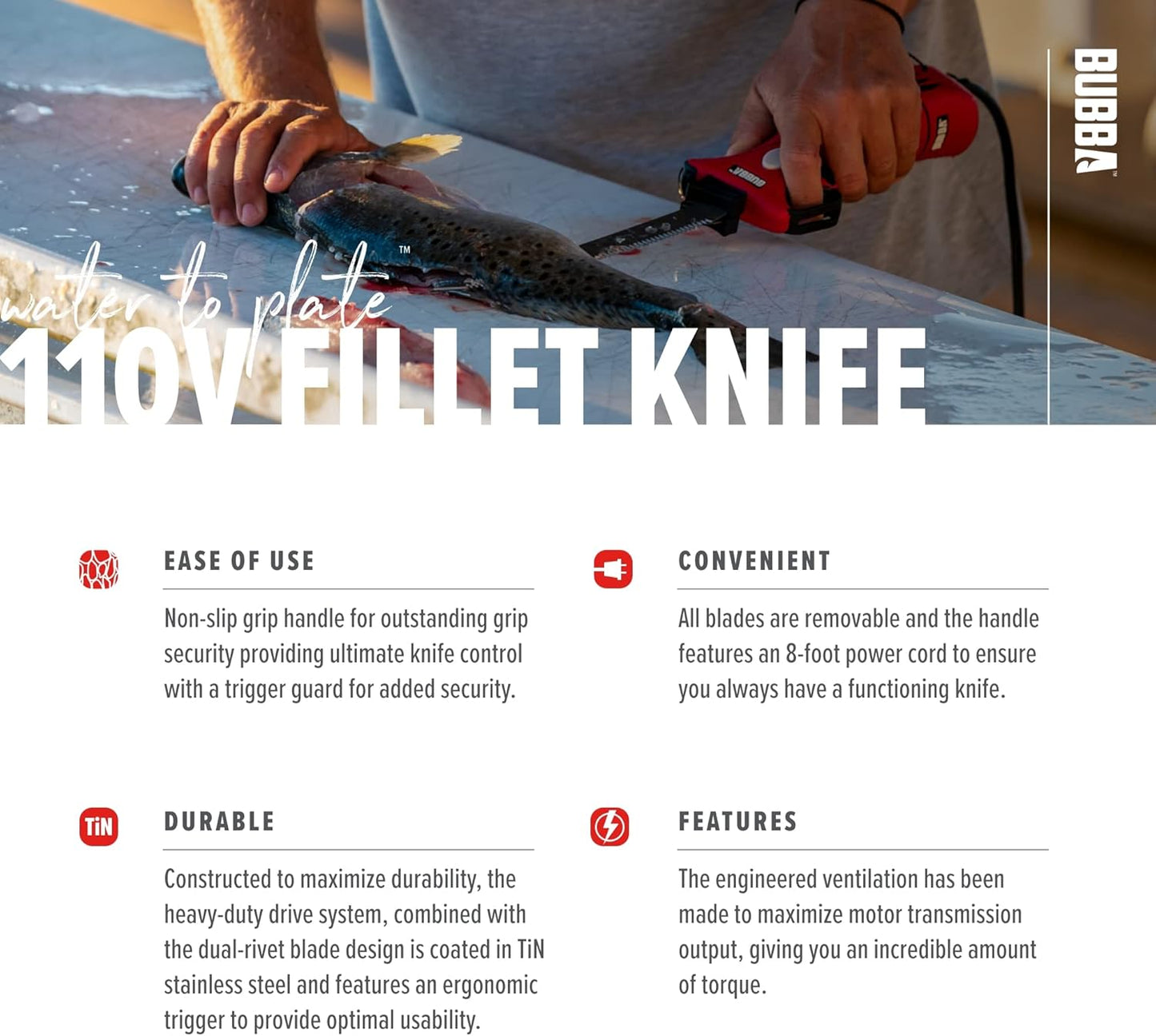BUBBA 110V Electric Fillet Knife with Non-Slip Grip Handle, 4 Ti-Nitride S.S. Coated Non-Stick Reciprocating Blades, 8' Cord and Storage Case for Fishing