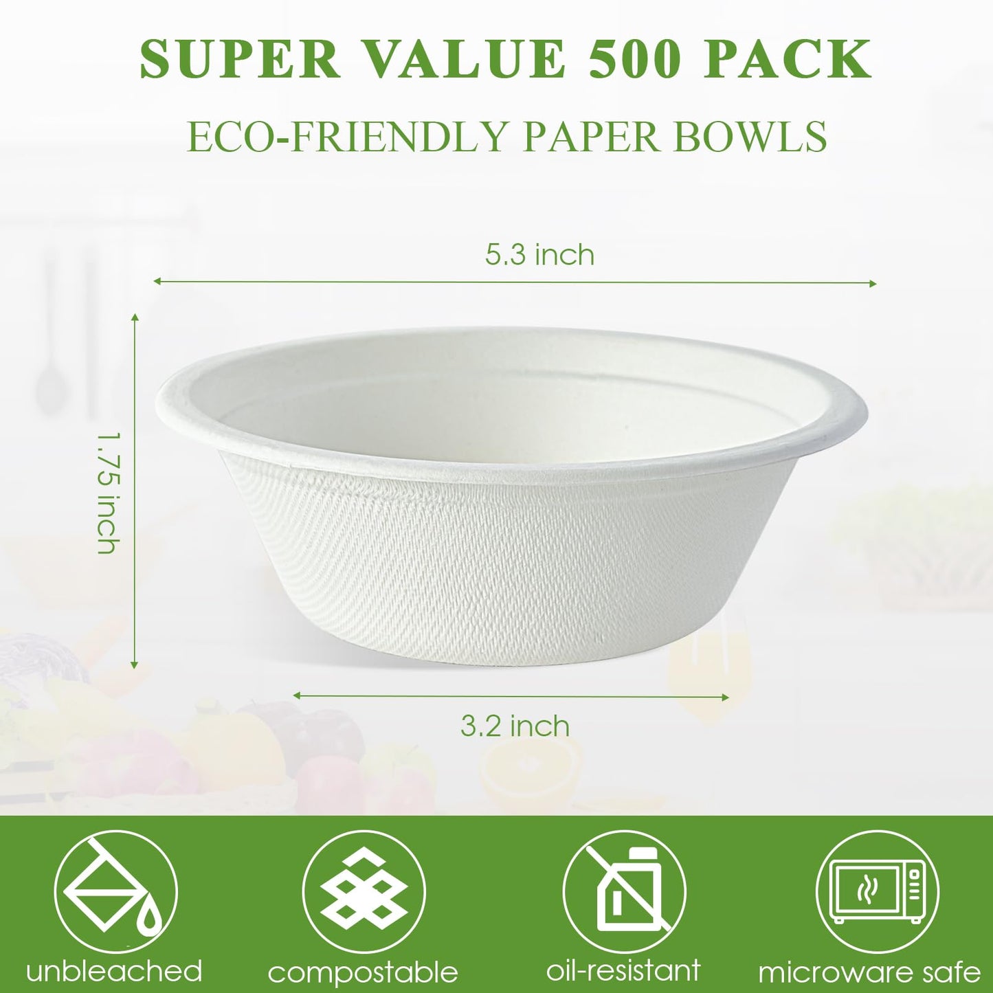 Vplus 500 Pack 12 OZ Paper Bowls Bulk, Disposable Compostable, Eco-friendly Bagasse, Heavy-duty Bowls Perfect for Milk Cereals, Snacks, Salads