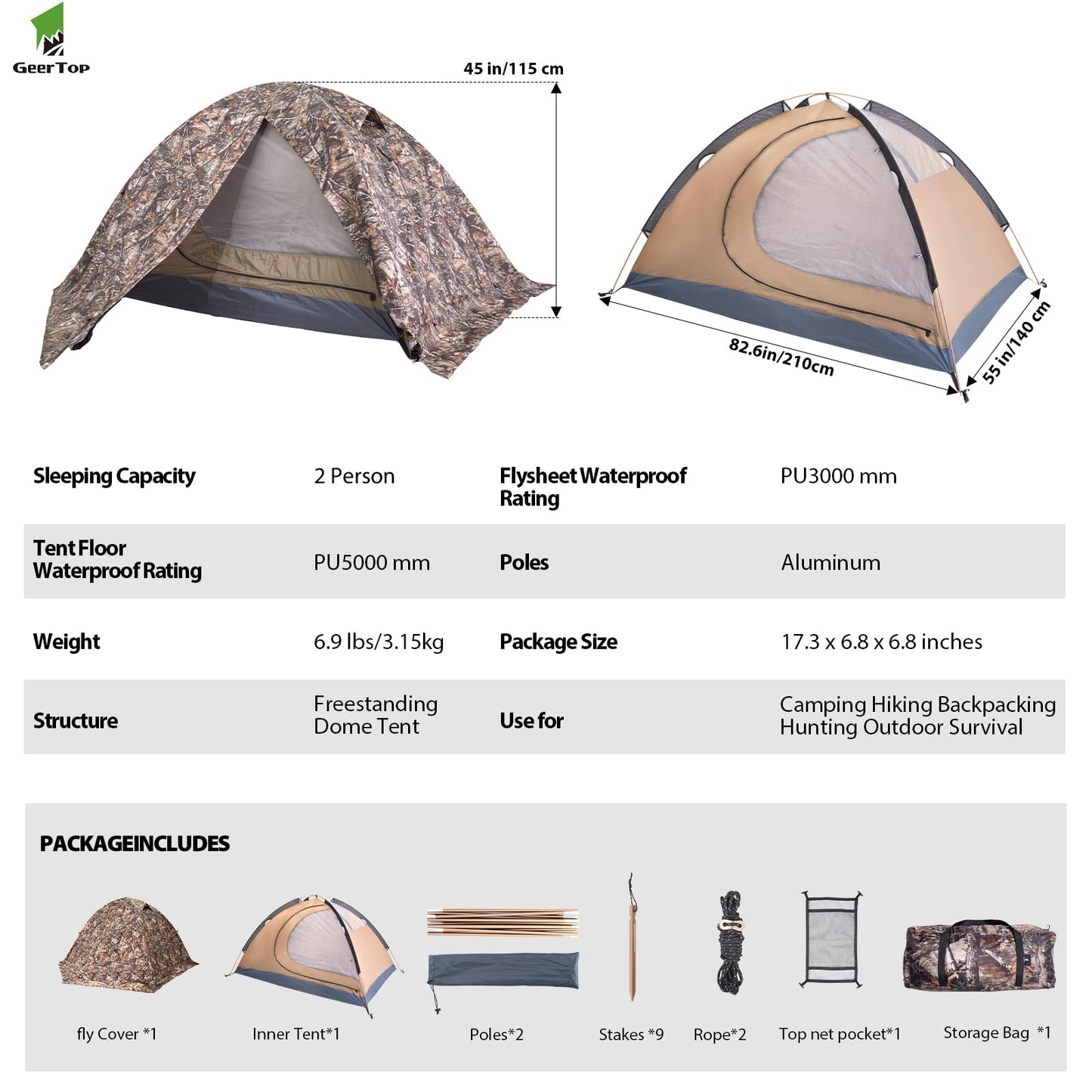 GEERTOP Ultralight 2 Person Backpacking Tent 4 Season Waterproof Camping Tent Double Layer Cold Weather Easy Set Up Tents for Family Camp, Hiking, Hunting Outdoor Mountaineering Travel