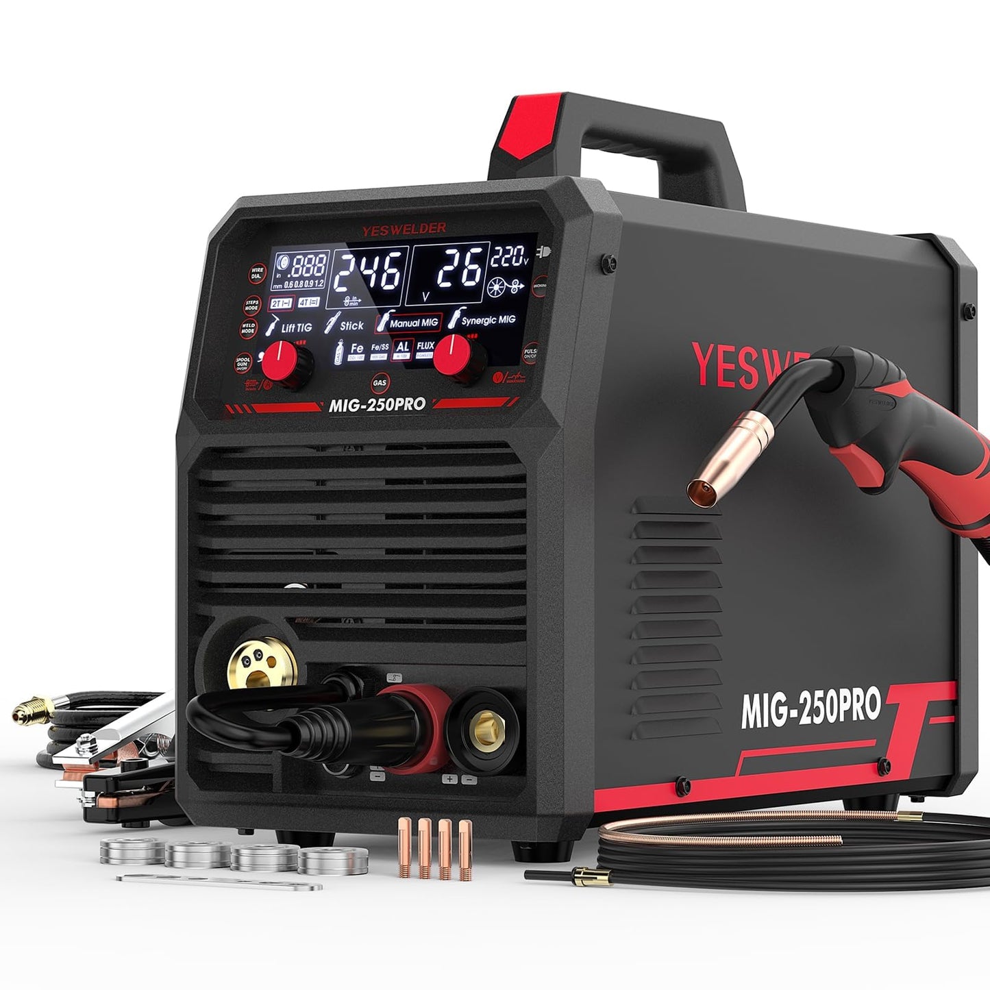 YESWELDER MIG-205DS PRO MIG Welder, 200Amp 110/220V Dual Voltage MIG Welding Machine, 5 in 1 Gas MIG/Flux Core MIG/Spool Gun MIG/Lift TIG/Stick Multiprocess Aluminum MIG Welder, Spool Gun Compatible