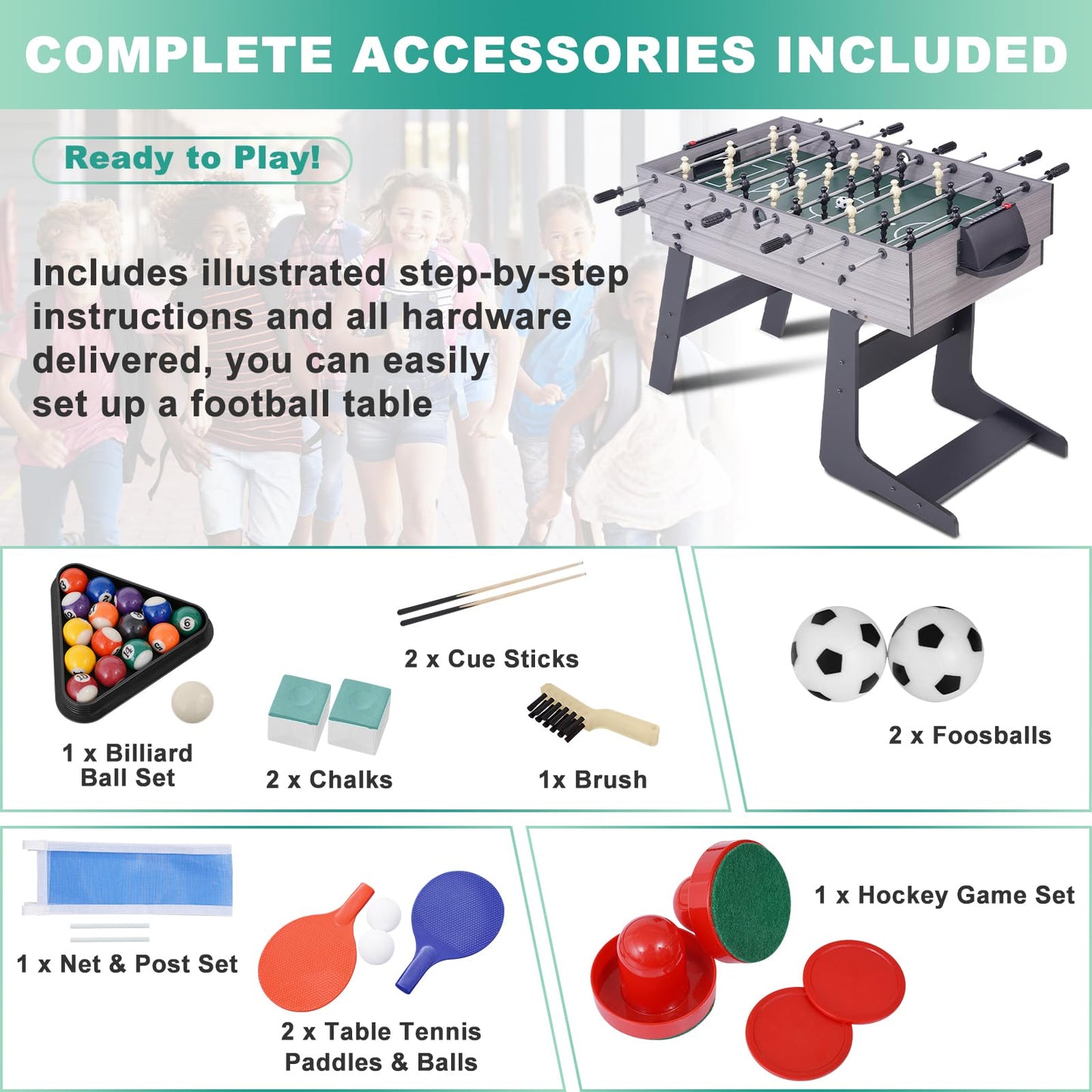 RAYKEEP Foldable Multi Game Table, 54" 4-in-1 Combo Game Table Set with Ping Pong, Hockey, Pool Billiards and Foosball for Kids, Adults, Home, Game Room, Friends & Family
