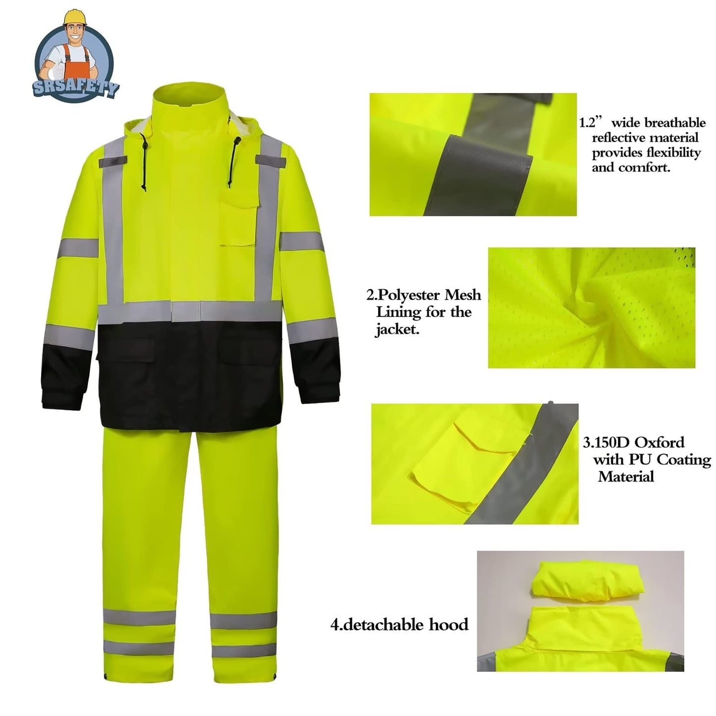 SRsafety High Visibility Rain Gear, Class 3 High Visibility Work Rain Gear for Men, Construction Rain Suits