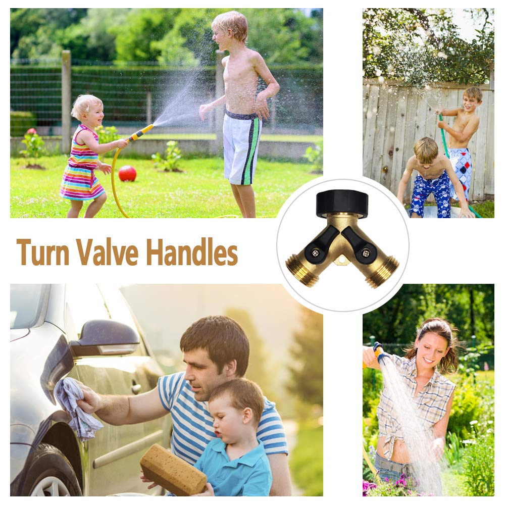 HQMPC Garden Hose Y Valve Hose Splitter Brass Hose Splitter With Stainless Steel Long Handle Brass Y Valve Water Garden Hose Adapter 2 Way Y Valve 3/4" GHT Thread
