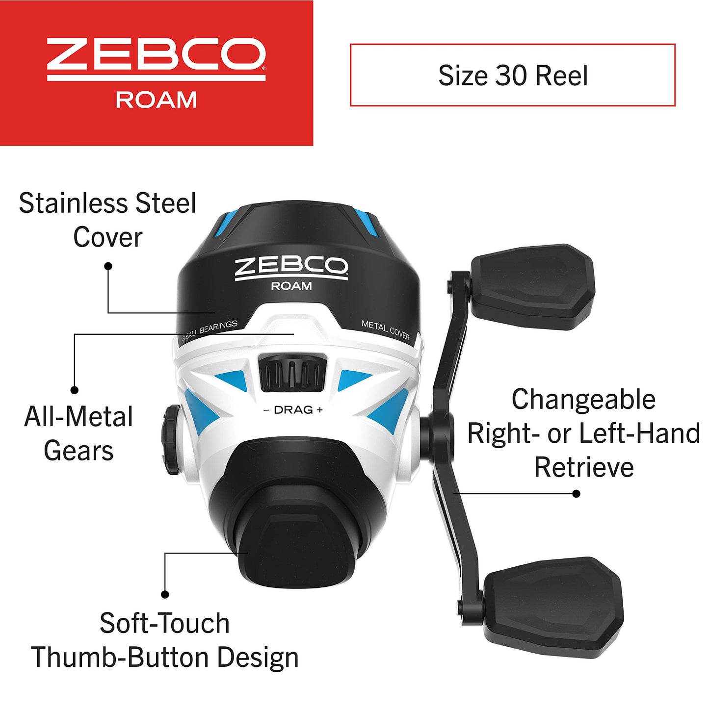 Zebco Roam Spincast Fishing Reel, Size 30 Reel, Right or Left-Hand Retrieve, Pre-Spooled with 10-Pound Zebco Fishing Line, Blue