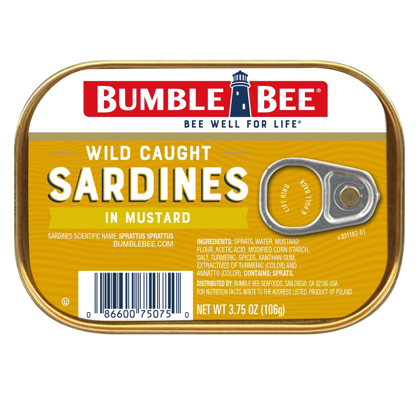 Bumble Bee Sardines in Mustard Sauce, 3.75 oz Tin - Wild Caught, Gluten Free, Keto, Kosher