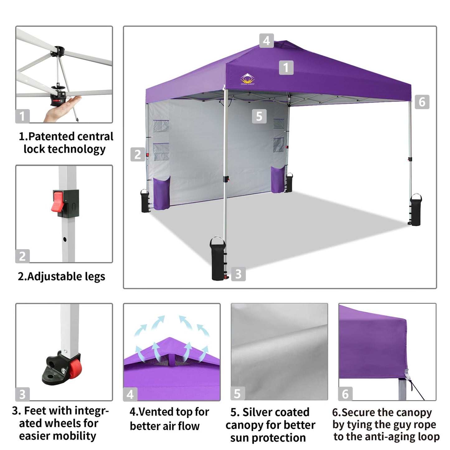 CROWN SHADES Canopy Tent 10x10 Pop Up Canopy Outdoor Shade with Pockets Sidewall, Easy Up Sun Shelter with One Person Set Up Center Lock, Portable Instant Camping Beach Canopy Tents, Forest Green
